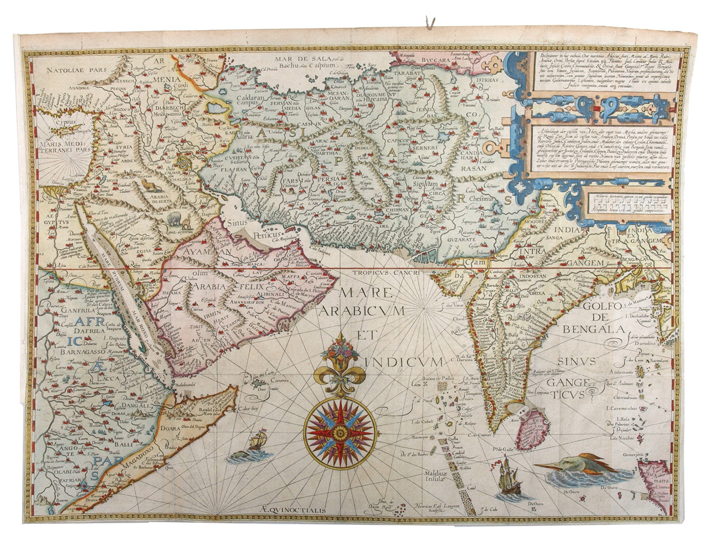 LANGREN, H. F. van. - Deliniantur in hac tabula, orae maritimae Abexiae, freti Mecani: al Maris Rubri-Arabiae ...Engraved map of Arabia, India and surroundings in 2 sheets (38.5 x 53.5 cm as assembled), engraved for J. Huygen van Linschoten, Itinerario, 1596). Matted.