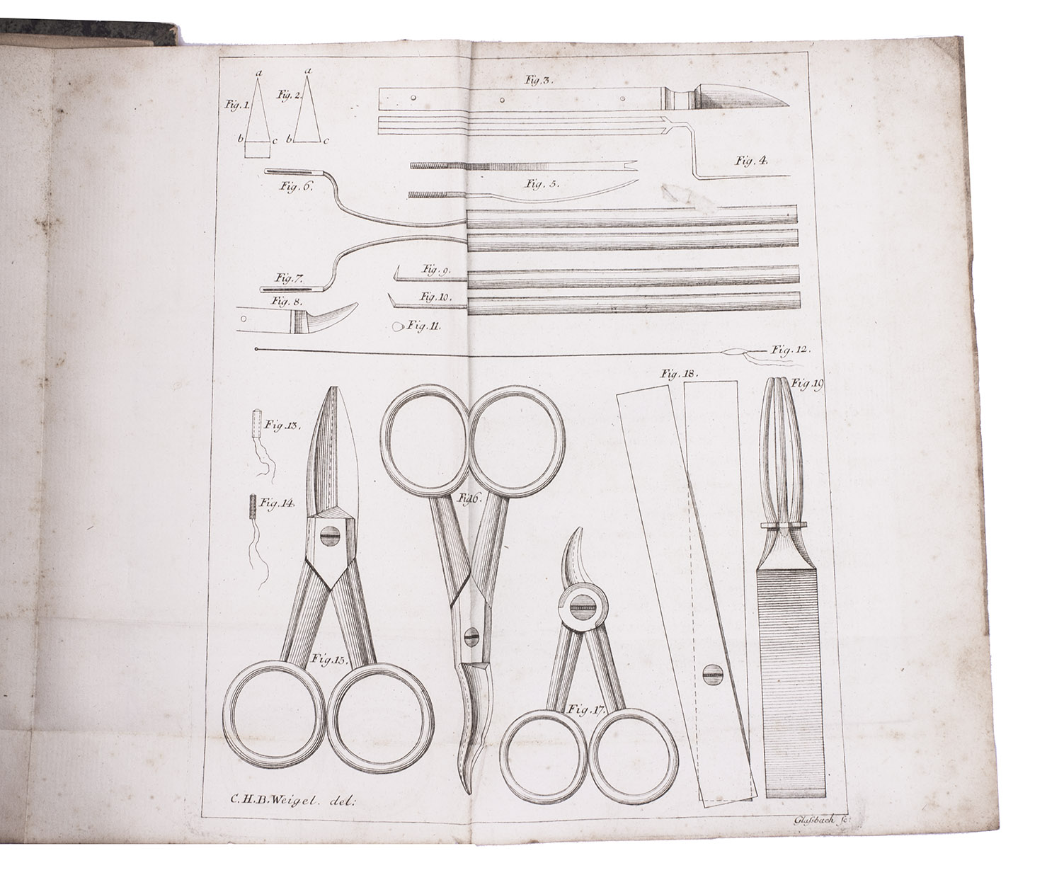 [BRUSSELS]. - Collegie der medecyne, op-ghericht door den magistraet der stadt BrusselBrussels, Antoine Claudinot, 1721.With:(2) [BRUSSELS]. [Collegie der medecyne, op-ghericht door den magistraet der stadt Brussel].Brussels, Antoine Claudinot, 1721.(3) WEIGEL, Christian Ehrenfried. Programma quo Christ. Ehrenfr. Weigel... fratris dilectissimi Caroli Henrici Bernhardi Weigel... dissertationem inauguralem... publice defendam indicit praemittens historiae baryllorium rudimenta.Greifswald, Anton Ferdinand Rse, 1785. With a folding letterpress dedication page..(4) WEIGEL, Christian Ehrenfried and Karl Heinrich Bernhard WEIGEL. Dissertatio inauguralis sistens experimenta chemica et instrumenta chirurgica emendata.Greifswald, Anton Ferdinand Rse, 1785. With a folding engraved plate showing surgical instruments. 4 works in 1 volume. Small 4to (19.5 x 15 cm). 19th century boards.