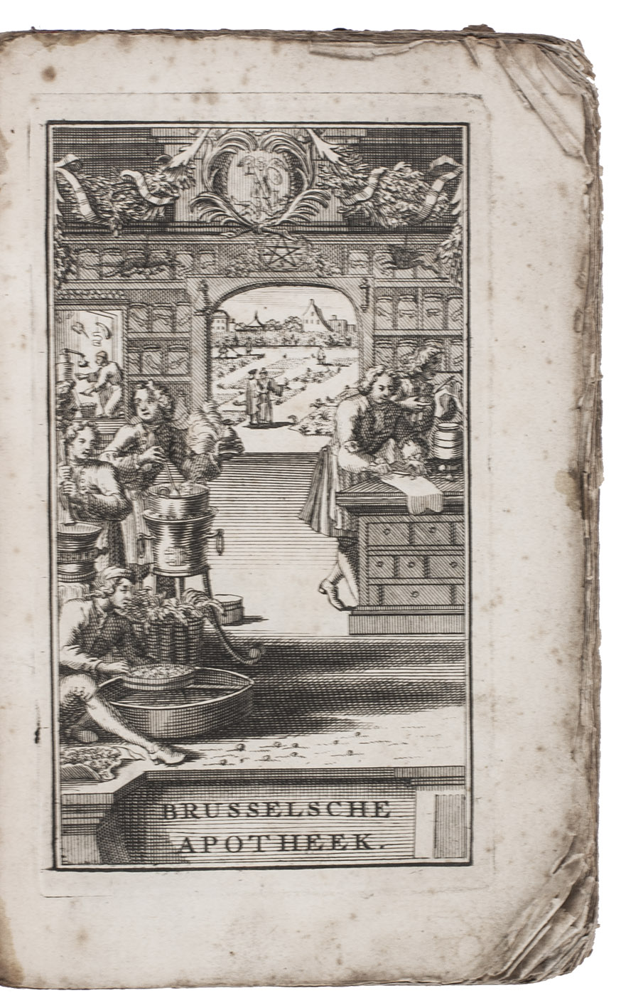 [BRUSSELS - PHARMACOPOEIA]. [JOCQUET, Joannes, and others]. - Brusselsche apotheek, door het gezag van de magistraat bevestigd, en naar de tweede Latynsche druk in het Nederduitsch vertaalt.Amsterdam, Johannes van Seggeren, 1775. 8vo. With an engraved title-page showing an apothecary shop, the preparation of medicines and a botanical garden, and 2 folding engravings identifying alchemical symbols and measurements. Contemporary wrappers, rebacked.