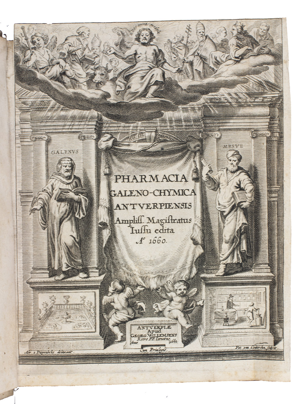 [ANTWERP - PHARMACOPOEIA]. [BOUDEWIJNS, Michiel, and others]. - Pharmacia Antverpiensis galeno-chymica.Antwerp, Joris Willemsens I, 1660. 4to. With an integral engraved architectural title-page by Petrus van Caukercken after Abraham van Diepenbeeck, letterpress title-page with a woodcut decoration, a divisional title for part 2, woodcut tailpieces, woodcut decorated initials. Set in roman and italic, with incidental Greek, textura and pharmacological signs. 18th-century vellum, faded manuscript title on spine.