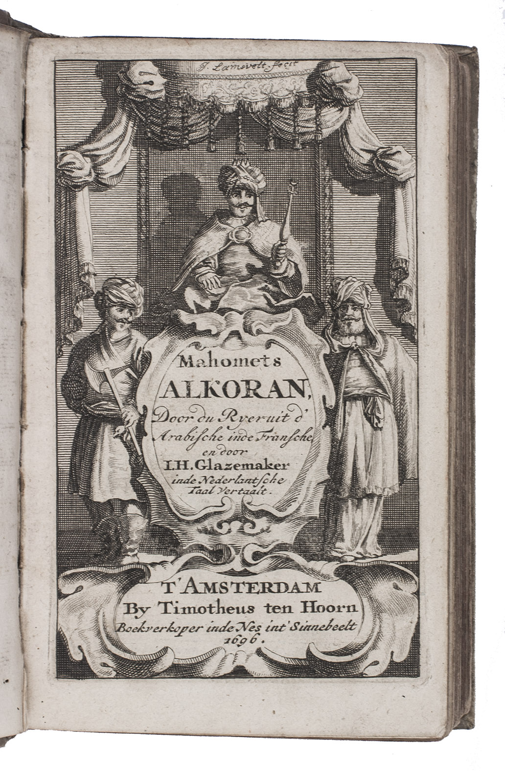 [QURAN]. - Mahomets Alkoran, door de hr. Du Ryer uit d'Arabische in de Fransche taal gestelt; benevens een tweevoudige beschyving van Mahomets leven; en een verhaal van des zelfs reis ten hemel, gelijk ook zyn samenspraak met de Jood Abdias.Amsterdam, Timotheus ten Hoorn, 1698. 8vo. With an integral engraved title-page (dated 1696), engraved by J. Lamsvelt, and 6 engraved plates showing the Prophet Mohammed, engraved by Caspar Luyken. Contemporary blind-tooled vellum.