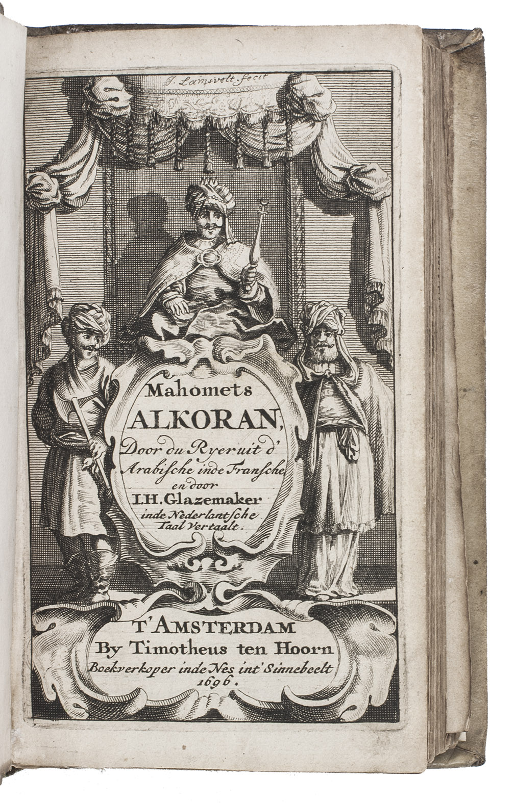 [QURAN]. - Mahomets Alkoran, door de hr. Du Ryer uit d'Arabische in de Fransche taal gestelt; benevens een tweevoudige beschrijving van Mahomets leven; en een verhaal van des zelfs reis ten hemel, gelijk ook zyn samenspraak met de Jood Abdias.Amsterdam, Timotheus ten Hoorn, 1696. 8vo. With an integral engraved title-page, and 6 engraved plates showing the Prophet Mohammed, engraved by Caspar Luyken. Contemporary vellum, manuscript title on spine.