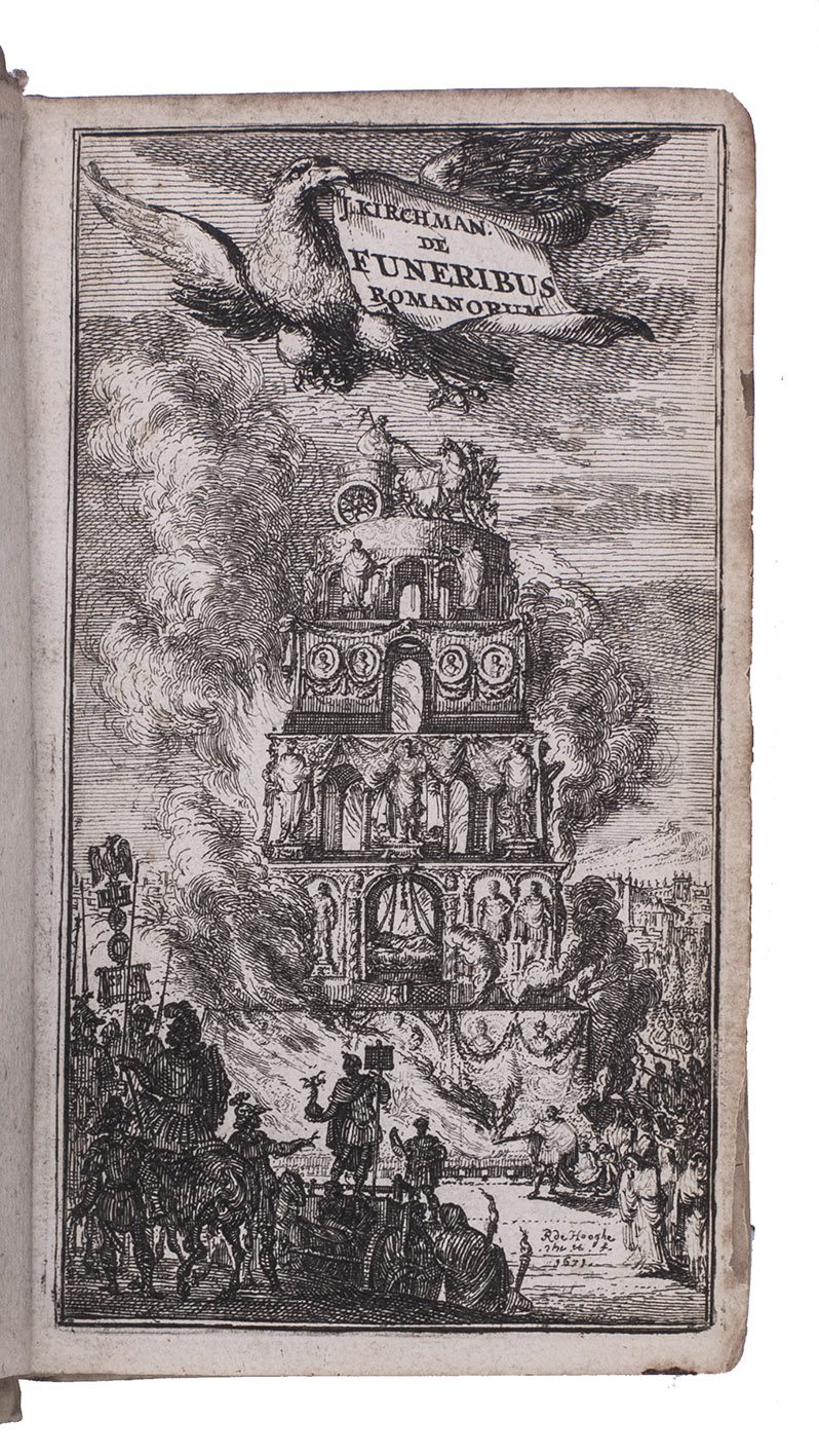 KIRCHMANN, Johann. - De funeribus Romanorum libri quatuor.Including: RIGAULT, Nicolas. Funus parasiticum sive L. Biberii curculionis parasiti, mortualia. Ad ritum prisci funeris.Leiden, Hackius, 1672. With an engraved frontispiece and 4 folding engraved plates.With: (2) KIRCHMANN, Johann. In funere V. Cl. Pauli G.F.P.N. Merulae. Historiarum Professoris in academia Batavorum, & foederatarum provinciarum historiographi, oratio, in qua de vita scriptisque ejus disseritur.Leiden, Hackius, 1672. 2 works in 1 volume (the first in two parts). 12mo. Contemporary vellum.