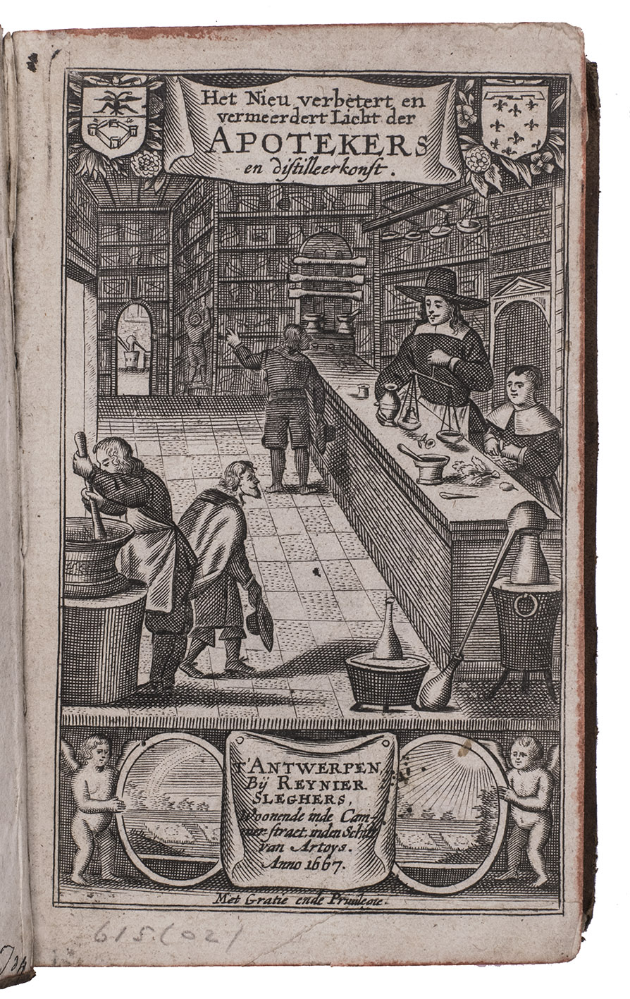 [BISSCHOP, Jan]. - Pharmacia galenica & chymica, dat is: de vermeerderde ende verbeterde apothekeren alchymiste licht ende distilleer-konst. Begrijpende de beginselen ende fondamenten der selve. Verdeylt in acht boecken, tot onderwijsinghe der apothekers. En verrijckt met een vermeerderde examen der chirurgie, benevens een tractaet vande kennisse der drooghen. [Engraved title-page:] Het nieu verbetert en vermeerdert licht der apothekers en distilleerkonst.Antwerpen, Reynier Sleghers, 1667. 8vo. With an anonymous engraved title-page and 2 woodcut illustrations in text. Contemporary tanned sheepskin, gold-tooled spine.
