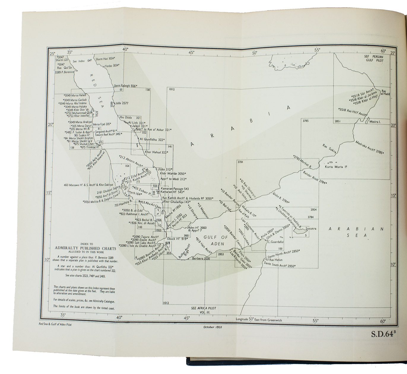[NAVIGATION - RED SEA]. - Red Sea and Gulf of Aden pilot comprising the Suez canal, the gulfs of Suez and 'Aqaba, the Red Sea, the Gulf of Aden, ...Including: Supplement no. 1-1957 relating to the Red Sea and Gulf of Aden pilot, tenth edition ...London, published by the Hydrographic Department, Admiralty, 1955-1957. 8vo. With a folding map (printed on both sides), 2 coloured plates with diagrams (printed on both sides), 28 plates showing coastlines and occasionally a map (many printed on both sides), and many some illustrations in text. Original blue cloth; supplement with original printed paper wrappers.