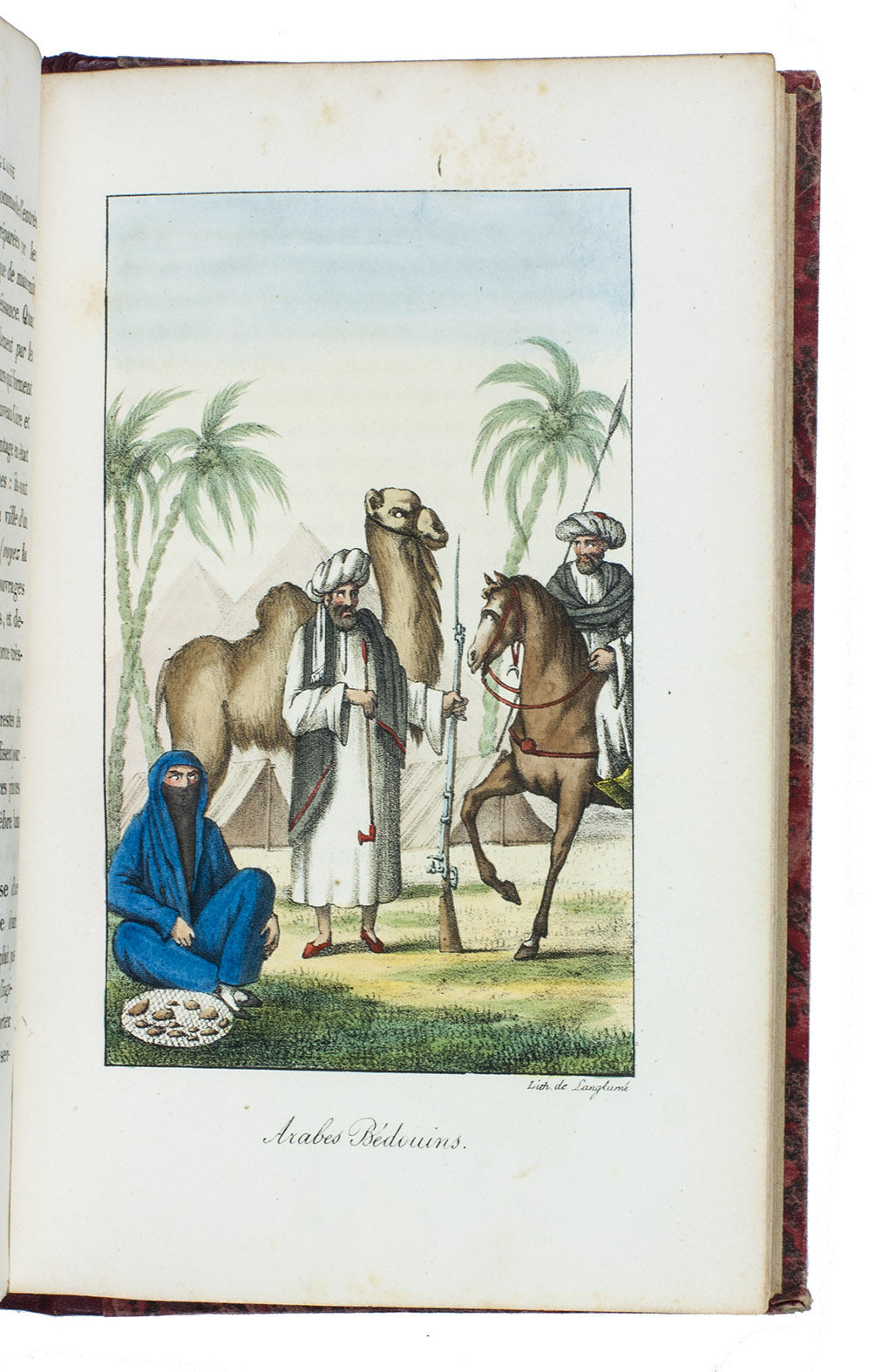 NO, Louis Pantalon Jude Amde, Comte de. - Mmoires relatifs a l'expdition Anglaise partie du Bengale en 1800 pour aller combattre en gypte l'arme d'orient.Paris, Imprimerie Royale (back of half-title: [Auguste] Nepveu), 1826. 8vo. With 2 folding lithographed maps, partly coloured by hand, and 19 hand-coloured lithographed plates. Contemporary red half morocco, gold-tooled spine, marbled sides.