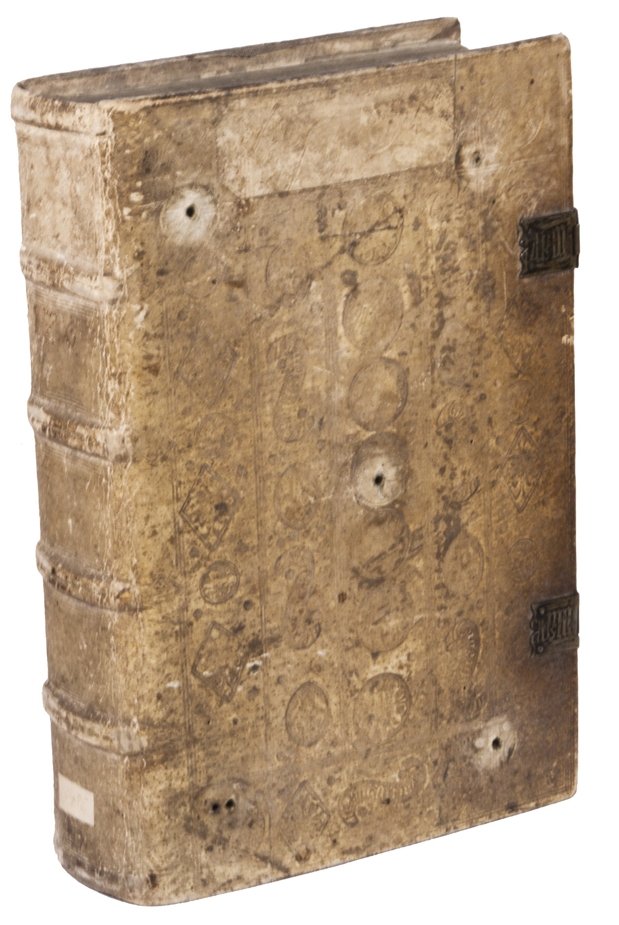FORESTI DE BERGAMO, Jacobus Philippus. - Supplementum chronicarum.Brescia, Boninus de Boninis, 1. XII. 1485. Small folio (21 x 31 cm). Double rules along inner margins of text and between table columns, rubricated throughout. Contemporary richly blind-tooled vellum over wooden boards, bound in the monastic shop of the Wrzburg Benedictines, two clasps.