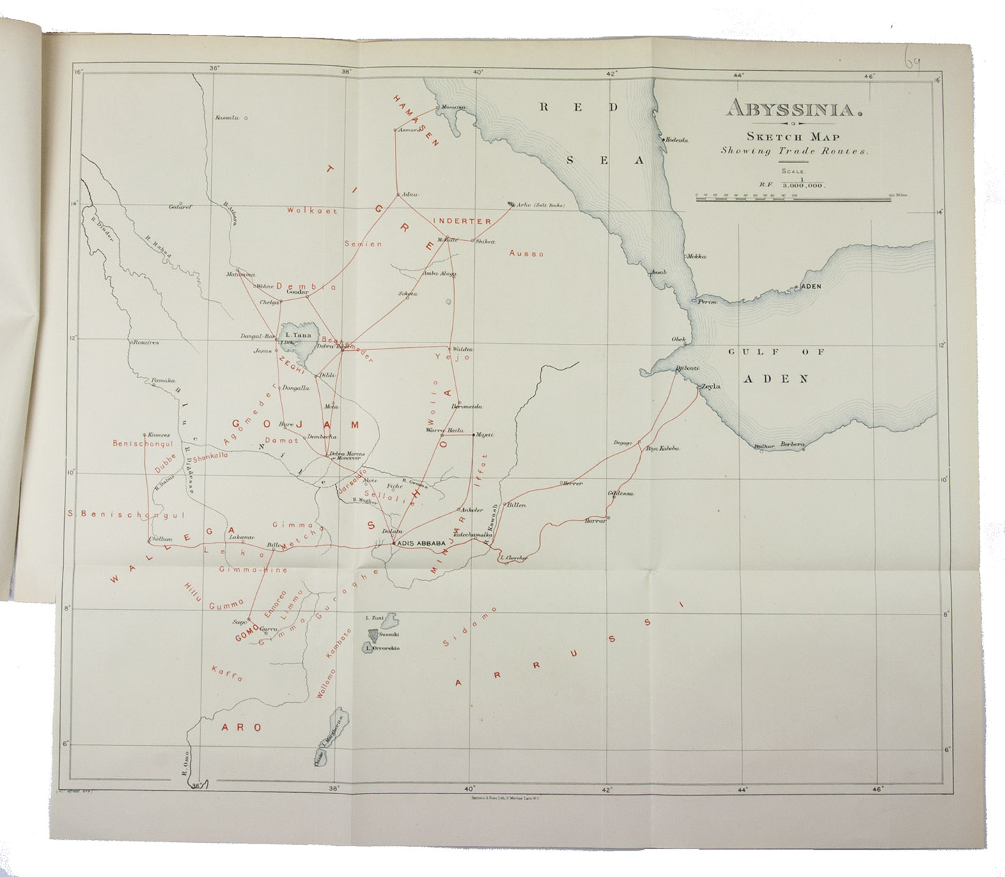 [HOUSE OF PARLIAMENT - ETHIOPIA]. - No. 2531 annual series. Diplomatic and consular reports. Abyssinia. Reports for the year 1899-1900 on the trade of Adis Abbaba and Harrar.London, Harrison and sons, 1900. Folio. With a folding lithographed map with some coloured details. Bound as sewn.
