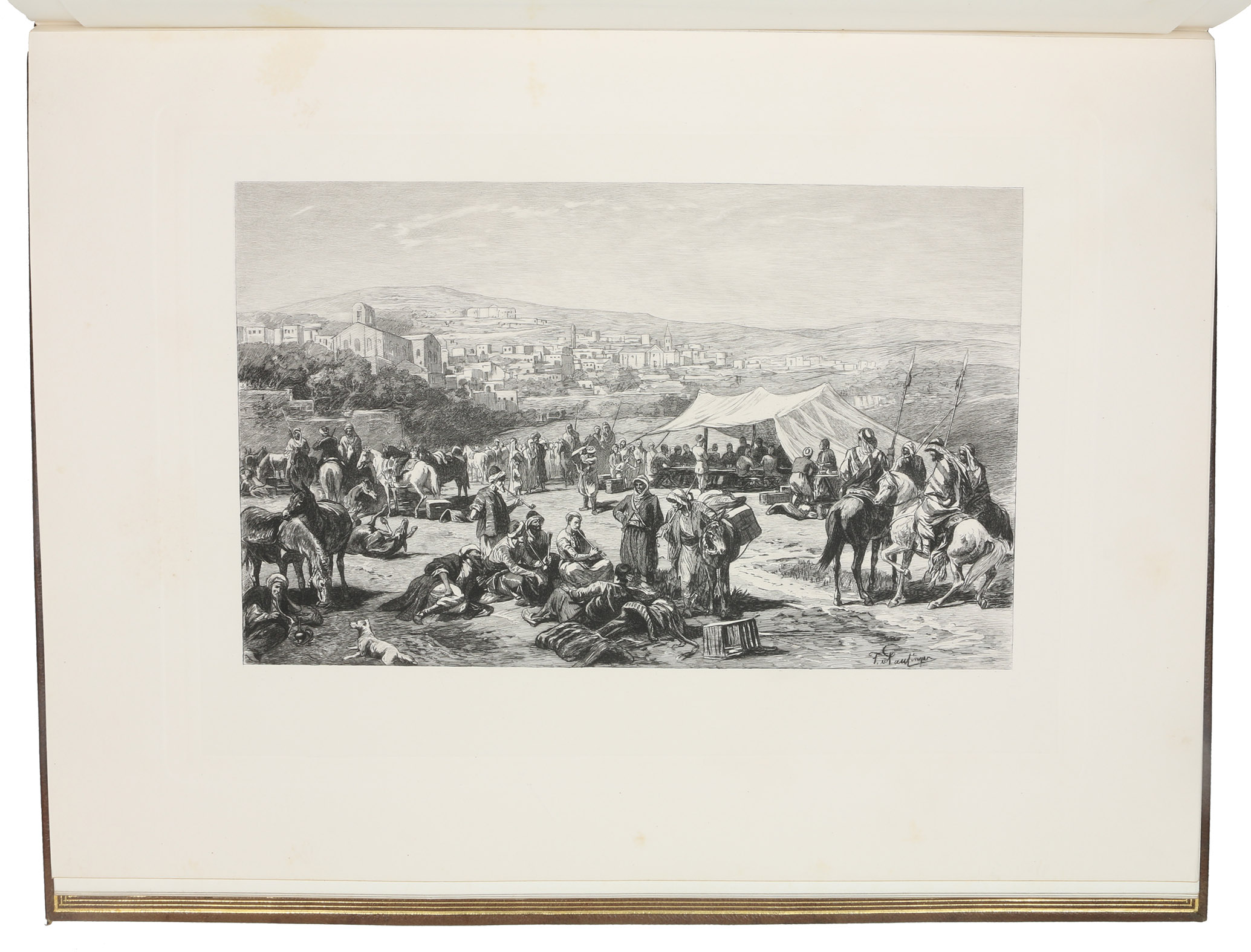 RUDOLF, Archduke of Austria and Hungary. - Voyage en Orient. Traduit de lAllemand. Illustrations daprs les dessins originaux de Franz von Pausinger.Vienna, Imprimerie Imperiale et Royale de la Cour et de ltat, 1885. Folio. With 37 etched plates.Contemporary calf, richly gold-tooled front board, spine label, gilt edges.