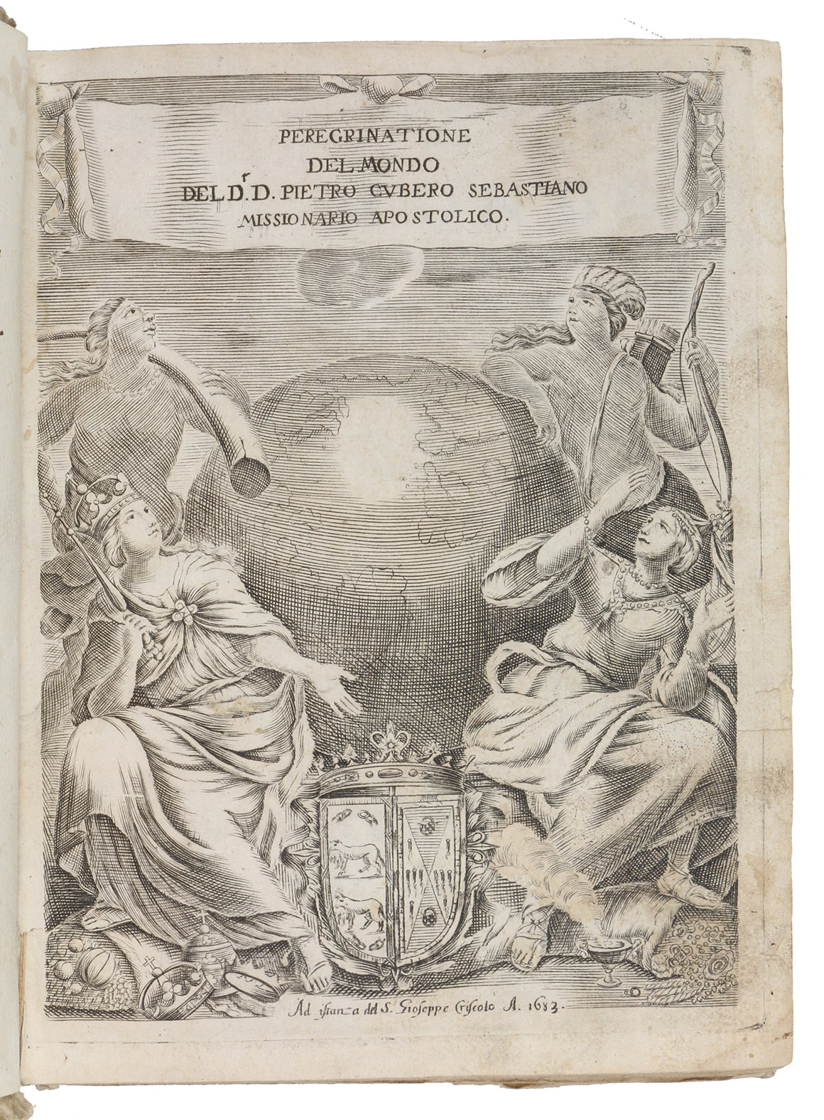 CUBERO SEBASTIAN, Pedro. - Peregrinazione del mondo.Naples, Giuseppe Criscolo, 1683. 4to (15.5 x 20 cm). With an additional engraved title and 2 portraits. Contemporary paper-covered boards with handwritten lettering on the spine.