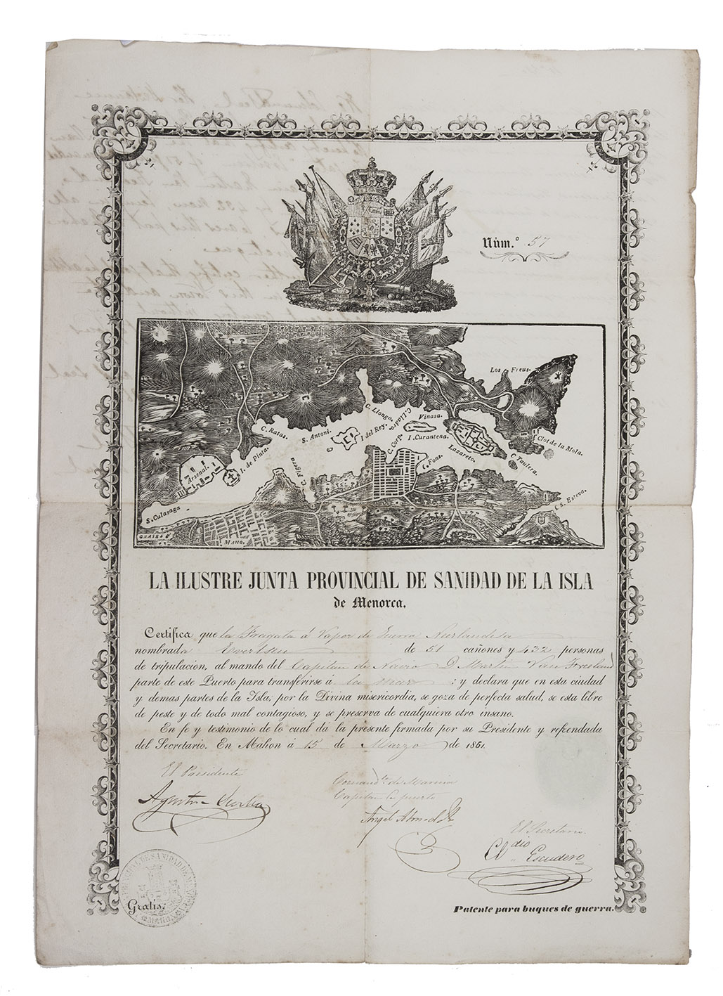 [MENORCA]. - La ilustre junta provincial de sanidad de la isla de Menorca.[Menorca], 15 March 1861. Folio (42.5 x 30.5 cm). Broadside with a wood-engraved border, the wood-engraved royal coat of arms of Spain at the head and a woodcut map of Mahon in the centre of the certificate. With on the verso three manuscript statements (in French, English and Portuguese), signed and stamped.