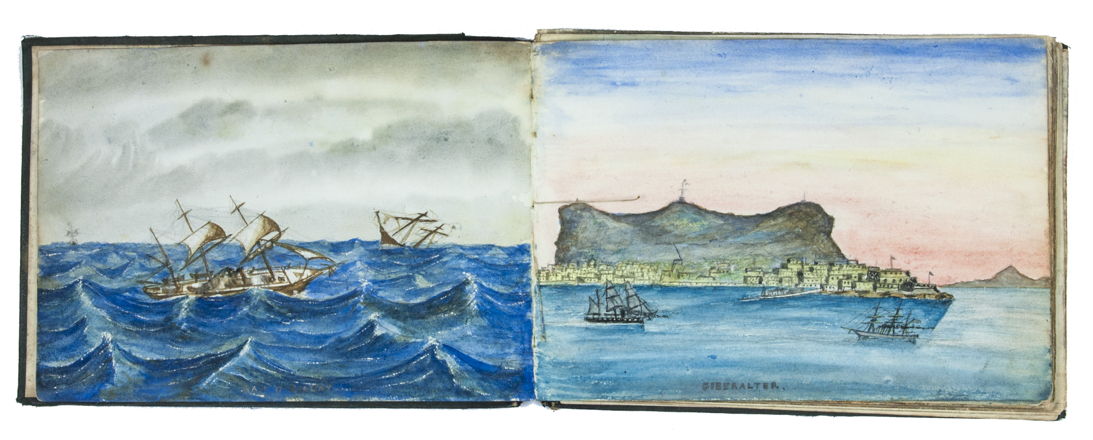 SPINKS, Walter. - [Album of watercolours drawn aboard HMS Myrmidon].On board HMS Myrmidon, [1884-]1886[-1887]. Oblong 4to (17.5 x 25 cm). With 25 watercolours (including 1 double-page) and 13 pencil drawings, most of them captioned in pencil. Contemporary half-sheepskin album.