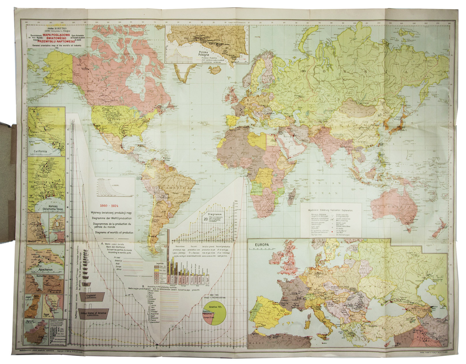 KORYTKO, Stefan. - General orientative map of the world's oil industry | bersichtskarte der Welt- Naphtha-Industrie | Carte d'orientation de l'industrie de ptrole du monde | Mapa pogladowa swiatowego przemyslu naftowego.Lviv, Stefan Korytko, 1925. Large folding chromolithographed map (map size 65.5 x 88 cm). Original publisher's printed paper wrappers.