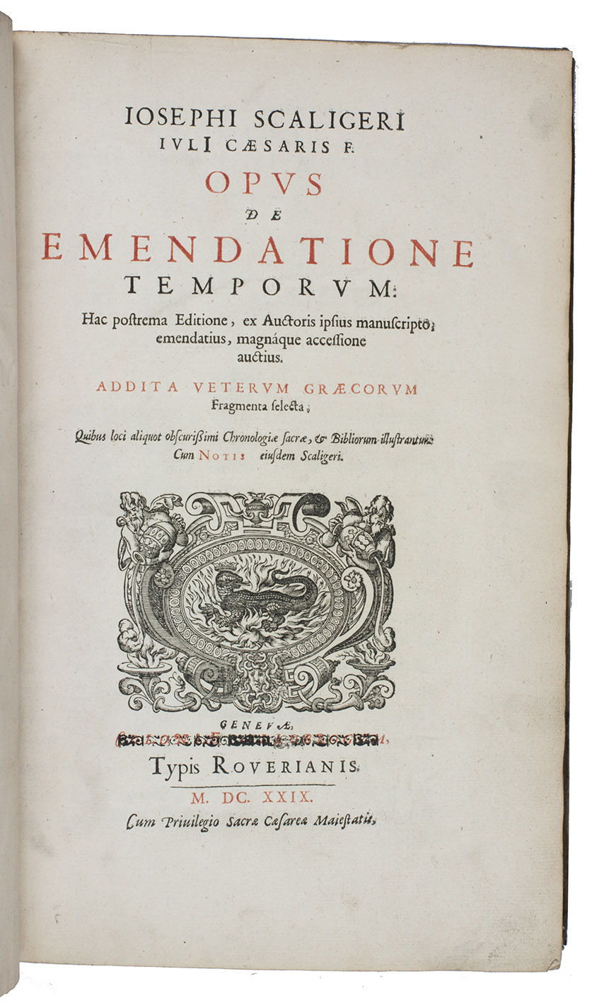 SCALIGER, Joseph Justus. - Opus de emendatione temporum: hac postrema ed., ex auctoris ipsius ms., emend., magnque acces. auctius. Add. veterum Graecorum fragmenta selecta.Including: Computus Arabicus ecclesiae Antiochenae.Geneva, Pierre de la Rovire, 1629. Folio. With title-page printed in red and black and with woodcut printer's device and several woodcut initials. Set in roman and italic types with long passages set in Greek, Arabic and Hebrew and shorter passages in Syriac. The long passages in Samaritan and Ethiopic, printed from meticulous woodblocks. Contemporary blind-tooled vellum.