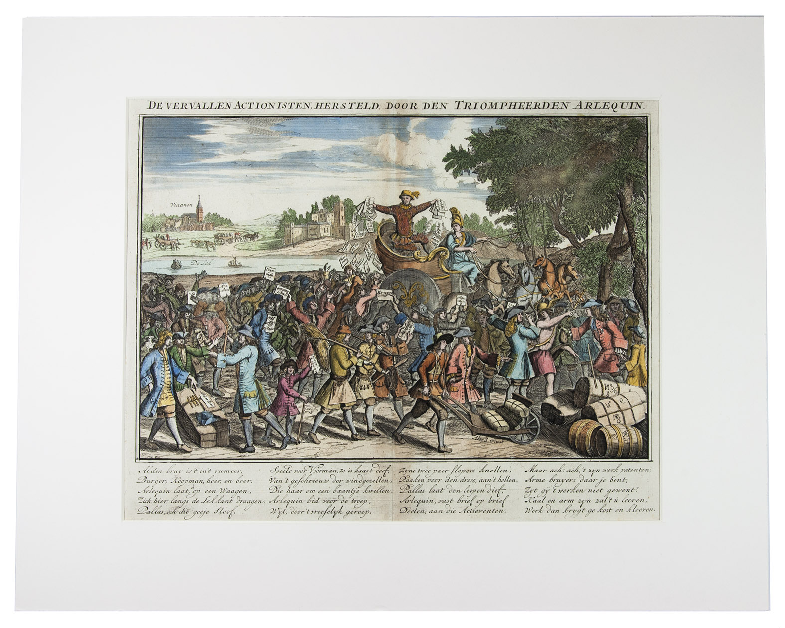 [TAFEREEL DER DWAASHEID]. - De vervallen actionisten hersteld, door den triompheerden Arlequin. [The ruined share-holders restored by the triumphant Harlequin].[Amsterdam, ca. 1720]. Bifolium (31.5 x 40 cm). Engraved print, with title on top and engraved verse in Dutch below, in 4 columns. The illustration coloured by hand. In passepartout (40 x 50 cm).