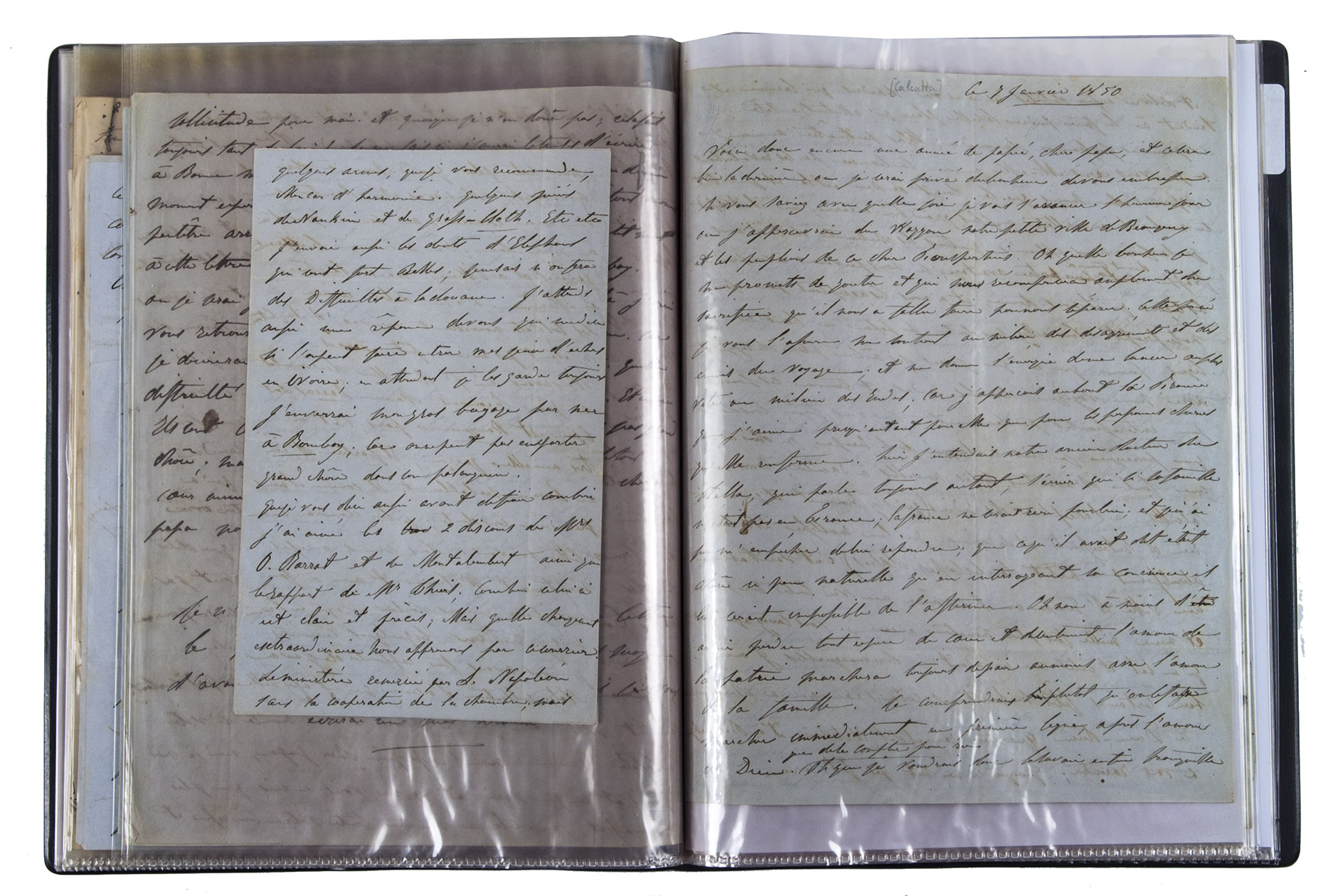 LORGE, Louis Anne Paul de Durfort Civrac, Comte de. - [46 letters].Chili, Macao, Shanghai, Hong Kong, Batavia, Ceylon, Calcutta, Delhi, etc., 1847-1851. 8vo & 4to. 46 autograph letters, mostly signed, written during a voyage around the world by the Comte de Lorge, to his father, the Duc de Lorge. Loose letters in clear plastic sleeves in a modern notebook.