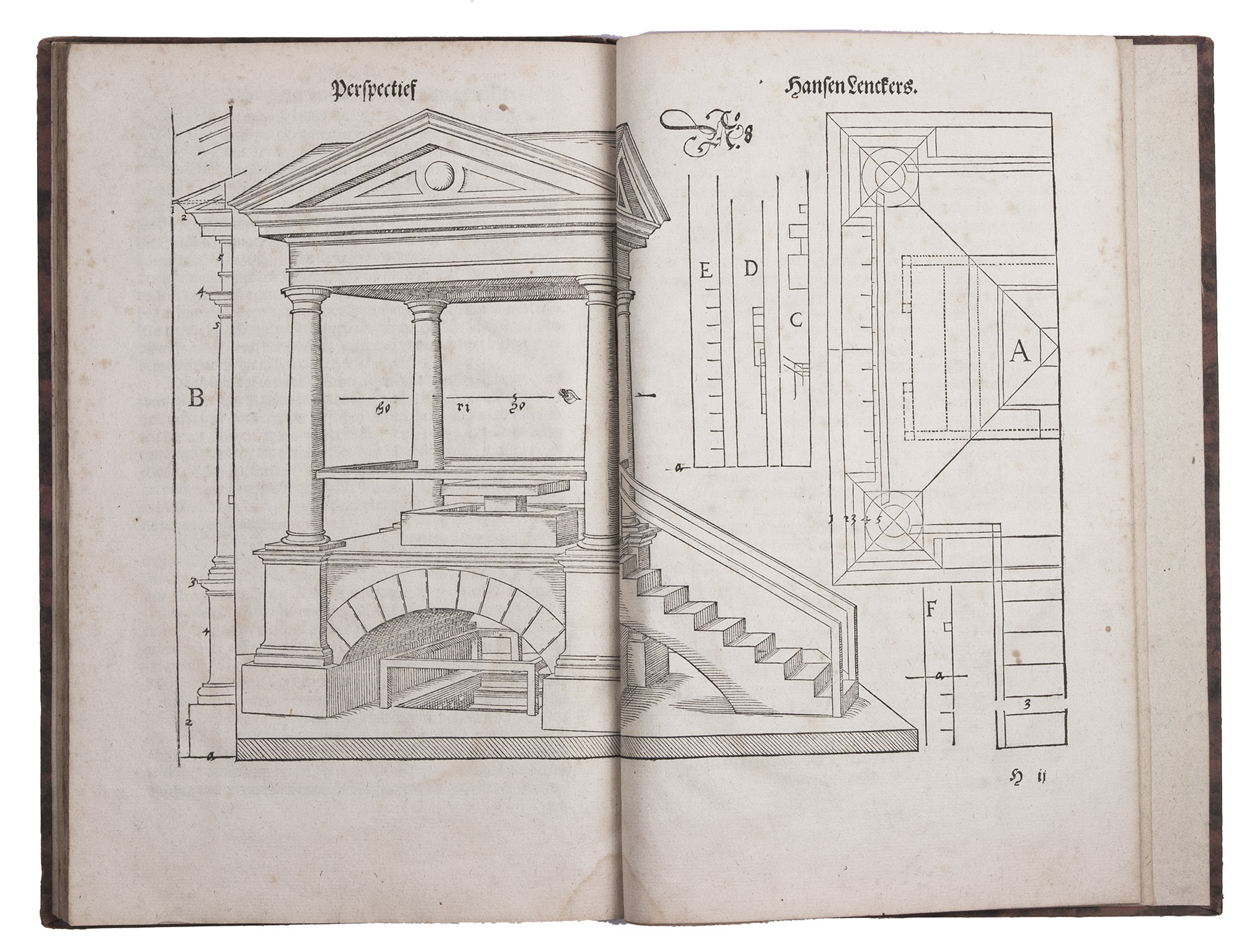 LENCKER, Hans. - Perspectiva hierinnen auffs krtzte beschrieben ...Nrnberg, Dietrich Gerlach, 1571. Small folio (29 x 19 cm). With the title within a woodcut border, 10 full-page woodcuts within collation and 1 double-page woodcut within collation (the latter not included in page numbering). Decorated black and red boards (ca. 1900).