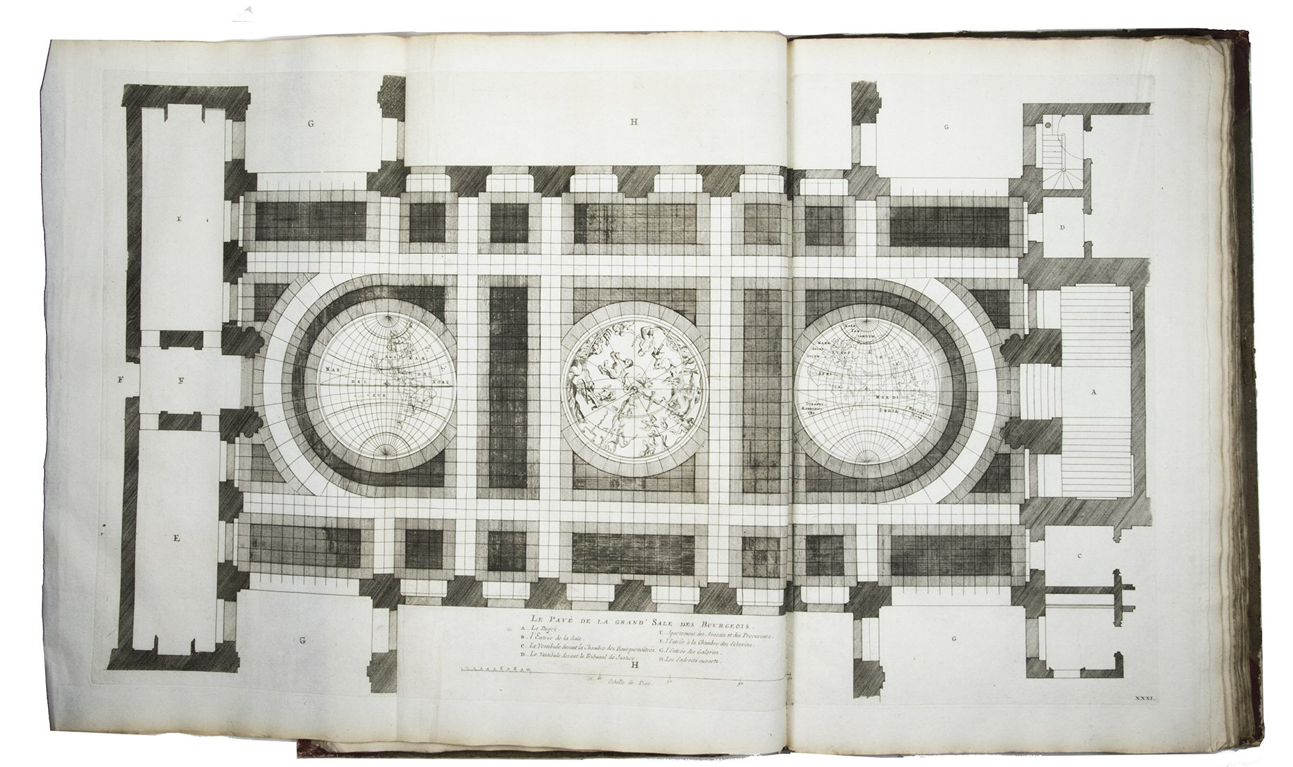[CAMPEN, Jacob van, Hubert QUELLINUS and Jacob VENNEKOOL]. - Bouw schilder en beeldhouwkonst, van het stadhuis te Amsteldam, vertoont in CIX figuuren: ...Amsterdam, Johannes Covens, Cornelis Mortier and Johannes Covens junior, [ca. 1758?, ca. 1767? or possibly 1772/83]. Large folio (49.5 x 30 cm). With the title-page printed in red and black with J. Covens & C. Mortiers engraved device by Bernard Picart (JCCM cypher monogram in a laurel wreath carried by 6 putti, dated 1730); 2 preliminary plates containing portraits of Jacob van Campen [by Lutma] and Arthus Quellinus by Henricus Quellinus; CIX (109) numbered engraved and etched architectural plates. All plates have French captions, some with laudatory verses below, and are described in Dutch in the letterpress text (pp. 3-15). Contemporary half red roan (sheepskin), brown sprinkled paper sides.