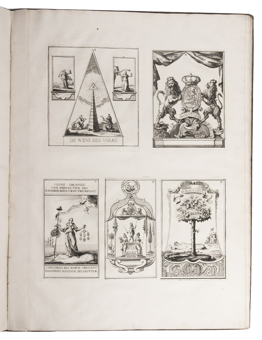 [WILLIAM IV, Prince of Orange]. - Haga Comitis illustrata; of het verheelykt en verligt 's Gravenhage: bestaende in eene naeuwkeurige verzameling van ... afbeeldingen, der aldaer te zien en geillumineerd geweest zynde decoratien en zinnebeelden, benevens de verdere vreugde-bedryven en illuminatien, ter geleegenheid der allerheughelykste verkiezinge, proclamatie en installatie van ... Willem Carel Hendrik Friso.The Hague, Anthoni de Groot and sons, 1751. With title-page printed in red and black with woodcut arms of William IV, first page of the dedication printed in red and black (including a woodcut initial printed in red) with a large engraved armorial headpiece, 2 engravings in text, each showing the front and back of a medallion, and 116 engraved illustrations on 16 leaves. Contemporary half calf.