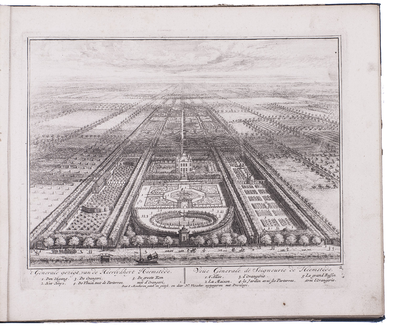 MOUCHERON, Isaac de. - Plusieurs belles, et plaisante vees et la cour de Heemstede, dans la Province d'Utrecht. | Verscheyde schoone en vermaakelyke gezigten van Heemstede, gelegen in de Provintie van Utrecht.[Amsterdam], Hendrik de Leth, [ca. 1731/40]. Oblong 4to. With 26 numbered engraved plates, including the title-page. Slightly later half cloth.