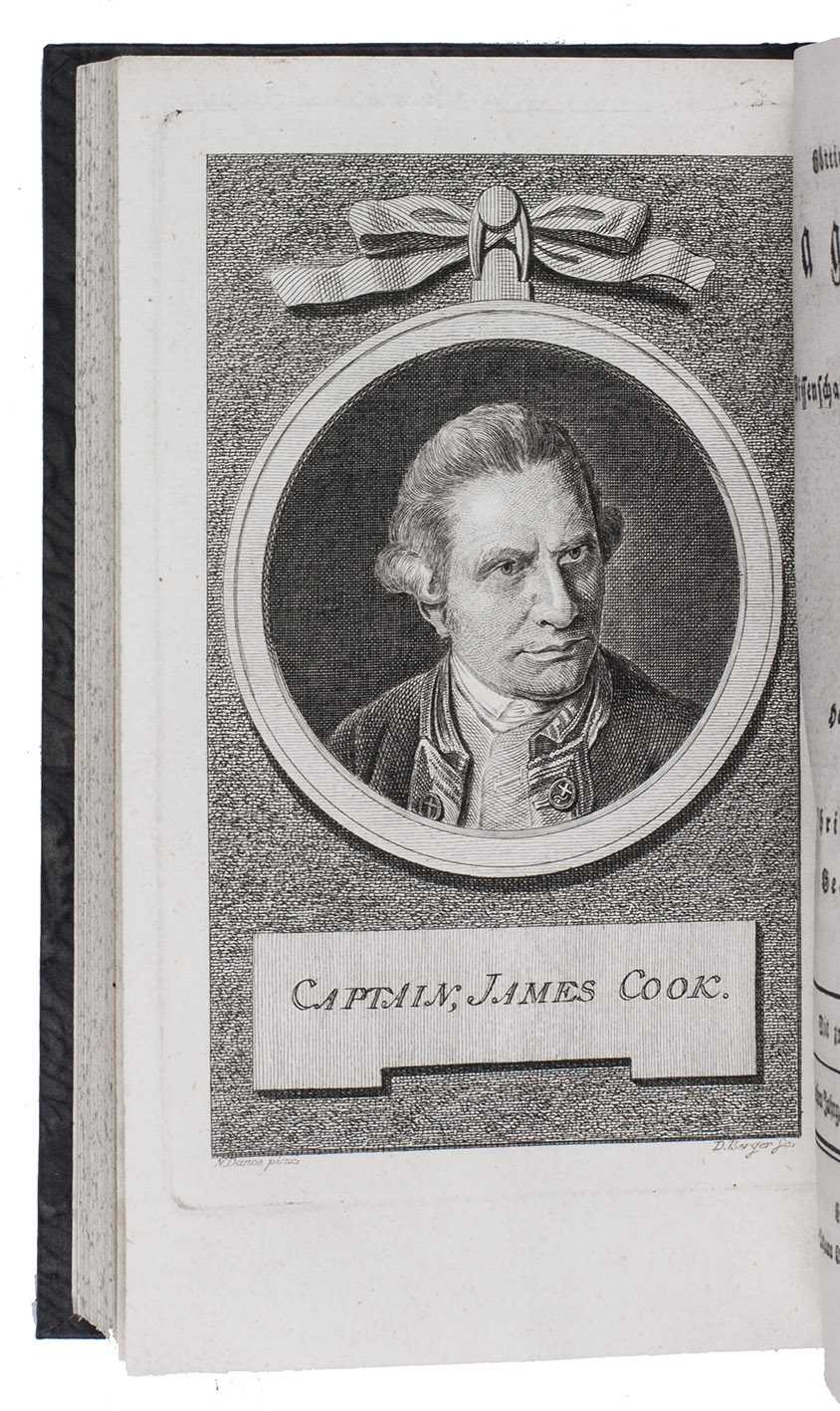 LICHTENBERG, Georg Christoph and Georg FORSTER. - Gttingisches Magazin der Wissenschaften und Litteratur.Gttingen, Johann Christian Dieterich, 1780. 6 parts in 3 volumes. 8vo. With an engraved portrait of James Cook as frontispiece of part 2, 5 engraved plates (including one coloured by hand), 4 folding engraved plates (including one printed on blue paper and with highlights in silver) and one folding plate with letterpress music. Modern paste-paper boards.