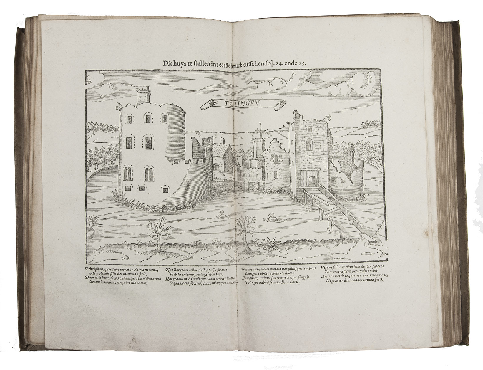 MERULA, Paulus. - Placaten ende ordonnancien op 't stuck vande wildernissen.The Hague, Beuckel Cornelisz. Nieulandt, 1605. 3 parts in 1 volume. Small folio (31 x 20 cm). With attractive engraved title-page (showing Diana, goddess of the hunt, a hunter and a falconer surrounding an elaborate cartouche together with hounds, birds of prey, and prey) and 2 double-page woodcut plates showing the castles of Teylingen and Warmond. Contemporary vellum.