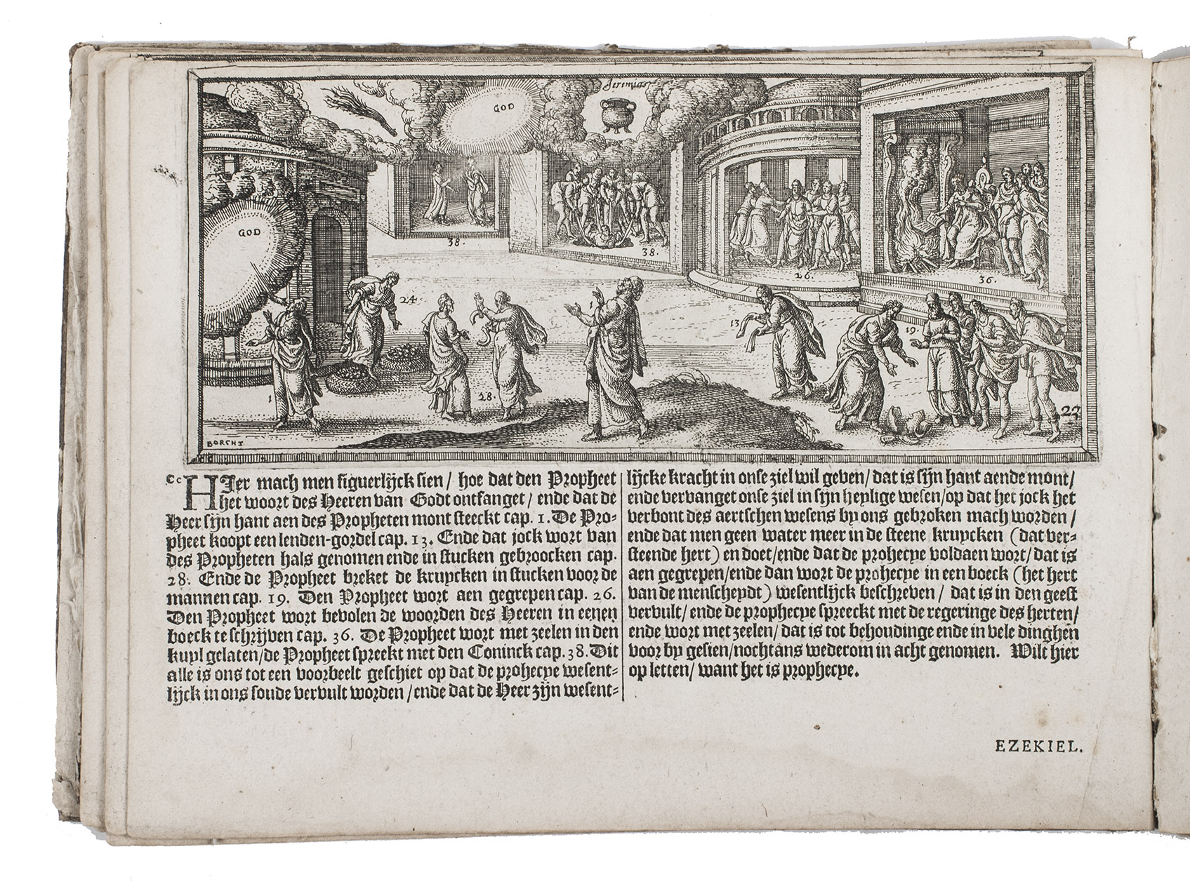 BARREFELT, Hendrik Jansen, known as HIL (illustrations by Pieter van der BORCHT). - Bibelsche figueren, ofte afbeeldingen van al de gedenckweerdige historien, ende andere geschiedenissen des Ouden ende Nieuwen Testaments.Amsterdam, Gerrit Jansz., 1662. Oblong 4to (19 x 6 cm). With a general title-page plus a separate title-page for the New Testament, each with the same new woodcut rendition of the device Michiel Colijn used in his 1613 editions, 97 (of 119) engraved and etched Bible scenes, 1 large woodcut headpiece and 1 woodcut decorated initial. Set in textura types with incidental roman and italic. Early 19th-century half vellum, sewn on 2 tapes, marbled sides, with the remains of a gold-tooled spine-label that originally read BIBELSCHE|FIGUEREN|1662.