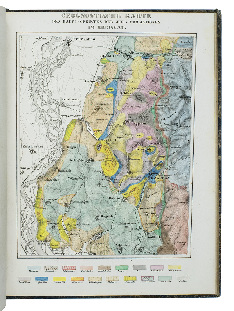 FROMHERZ, Karl. - Die Jura-Formationen des Breisgaues geognostisch beschrieben.Karlsruhe, Christian Theodor Groos, 1838. 4to. With 2 hand-coloured lithographed geognostic maps by B. Herder, one of the Schnberg near Freiburg and one of the whole area of Breisgrau with both maps showing the different earth layers and their materials by using different colours. Contemporary marbled boards, red morocco spine label.