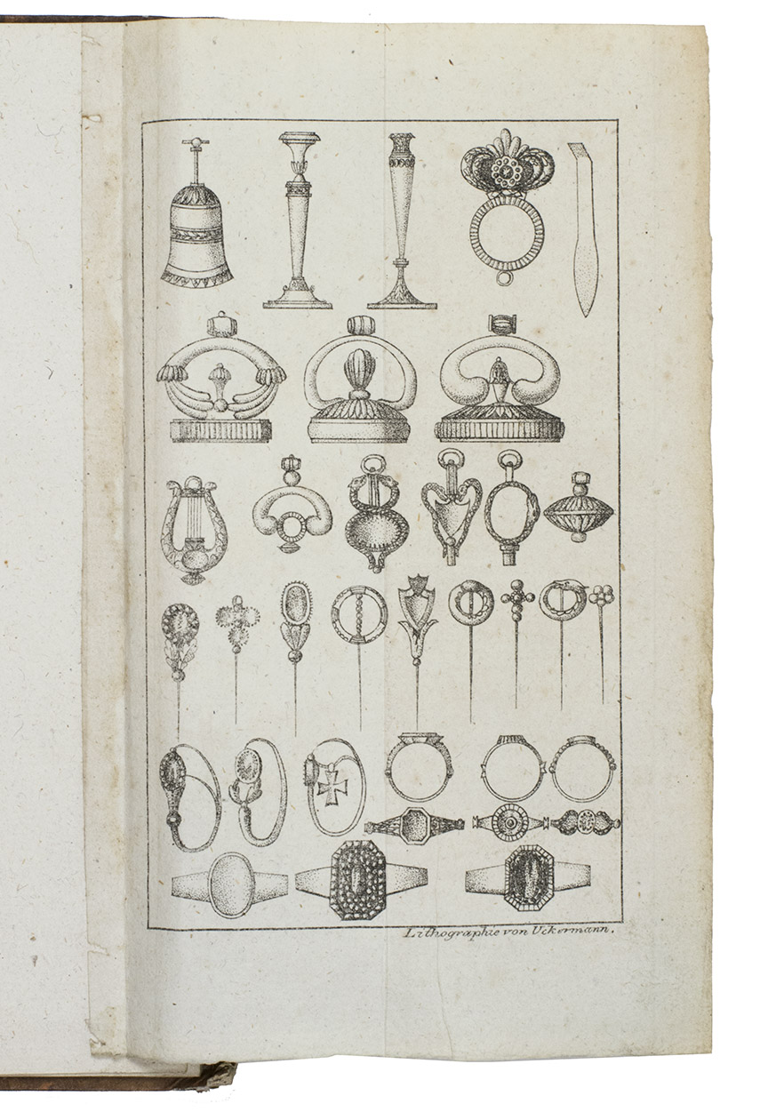 SCHUL[T]ZE, Heinrich. - Der Gold- & Silberarbeiter und Juwelier nach allen seinen praktischen Verrichtungen. Ein vollstndiges Handbuch dieses Gewerbes...Ilmenau, B.F Voigt, 1823. 8vo. With 8 tables on separate leaves (6 on 3 folding plates bound at the end of the book), 109 tables in the text and 4 lithographed folding illustration plates signed by Uckermann. Contemporary marbled paper over boards, gold-tooled spine with light brown label.