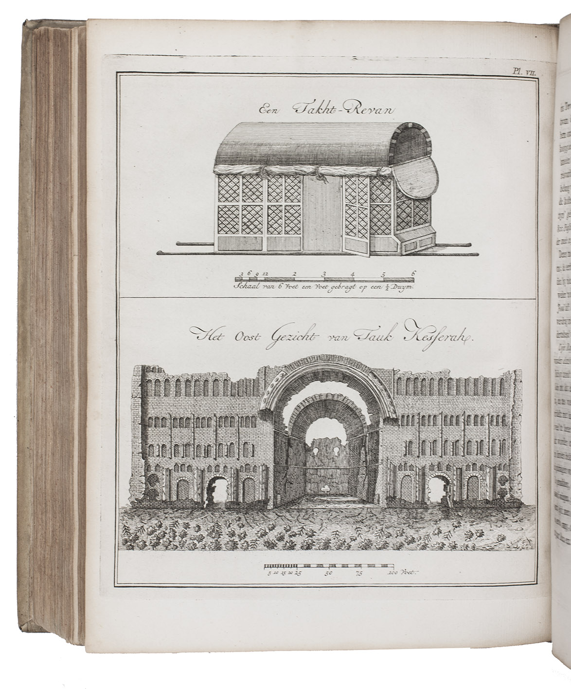 IVES, Edward. - Reize naar Oost-Indi en Persi, en de daar omliggende landen. Ondernomen langs een' ongewoonen weg.Amsterdam, De Compagnie, 1779. 2 parts in 1 volume. 4to. With 2 engraved title-pages, 2 folding engraved maps, one of India, the other tracking Ives's journey from Basra to Latakia, and 9 engraved plates (including 1 large folding). Contemporary blind-tooled vellum.