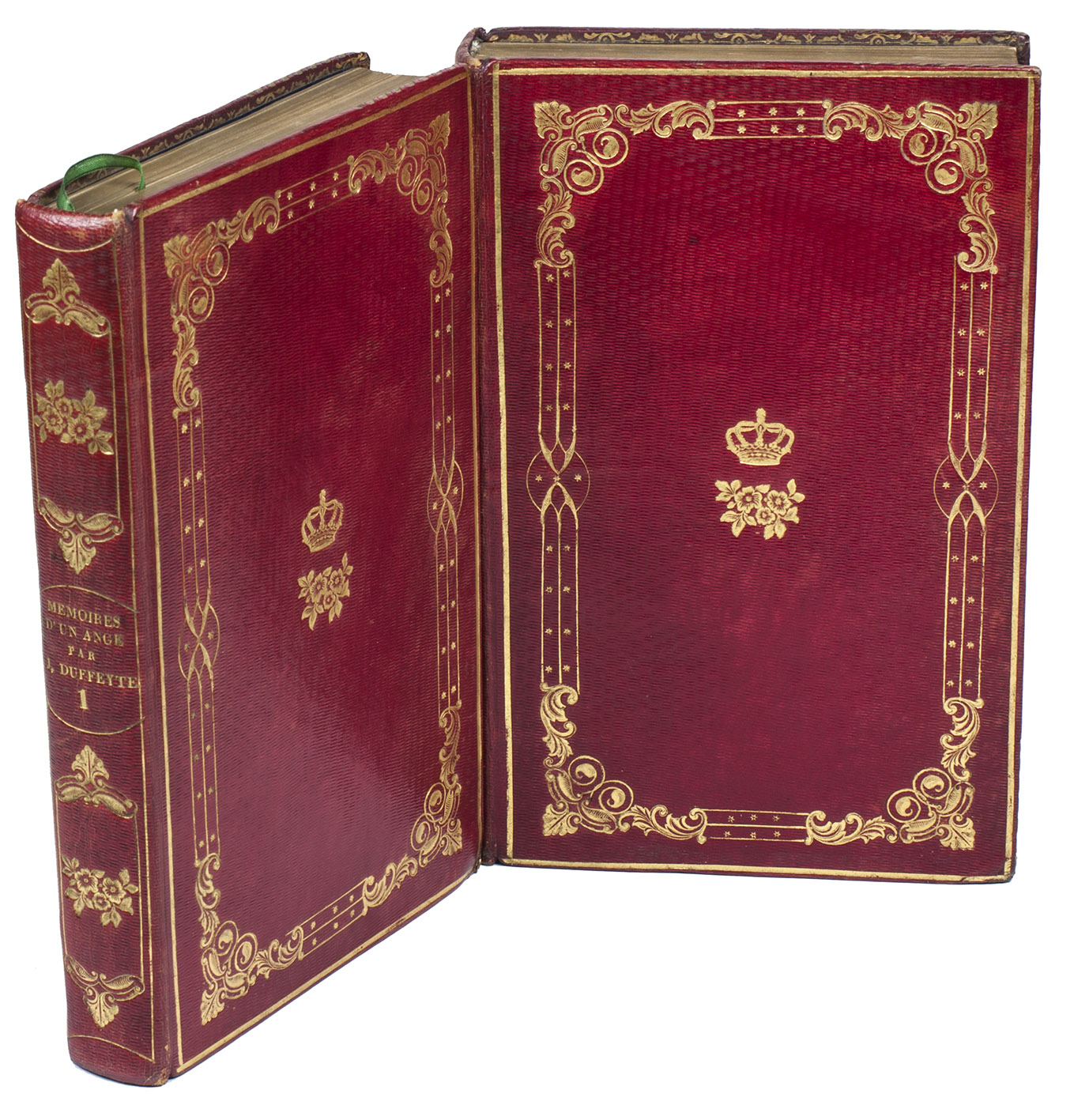 DUFFEYTE-DILHAN, Joseph. - Les mmoires d'un ange, ou Les femmes venges, roman historique, philosophique et moral, ... Tome I.er[-II.].[Bordeaux], Edmond Ramadi, [1839-1840, with the authors 1843 printed dedication to the Dutch Queen Anna Pavlovna of Russia]. 2 volumes. 8vo. With 2 copies of the 4-page 1843 dedication to Queen Anna Pavlovna printed on heavy wove paper, signed by the author in brown ink on the first and last page and tipped onto the title-page in each volume. Contemporary finely diced (in horizontal lozenges) and gold-tooled red morocco for presentation to the Queen, (each board with a crown above flowers as centrepiece, and a decorative frame built up from separate tools; the spine with the title and volume number in the middle with decorations above and below), gold-tooled board edges, gilt edges.With: (2) DUFFEYTE-DILHAN, Joseph. [Autograph, signed letter to Anna Pavlovna].[Bordeaux?, 1843?]. 4to. Letter in ink on two sides of one leaf of a folded bifolium, signed by the author.