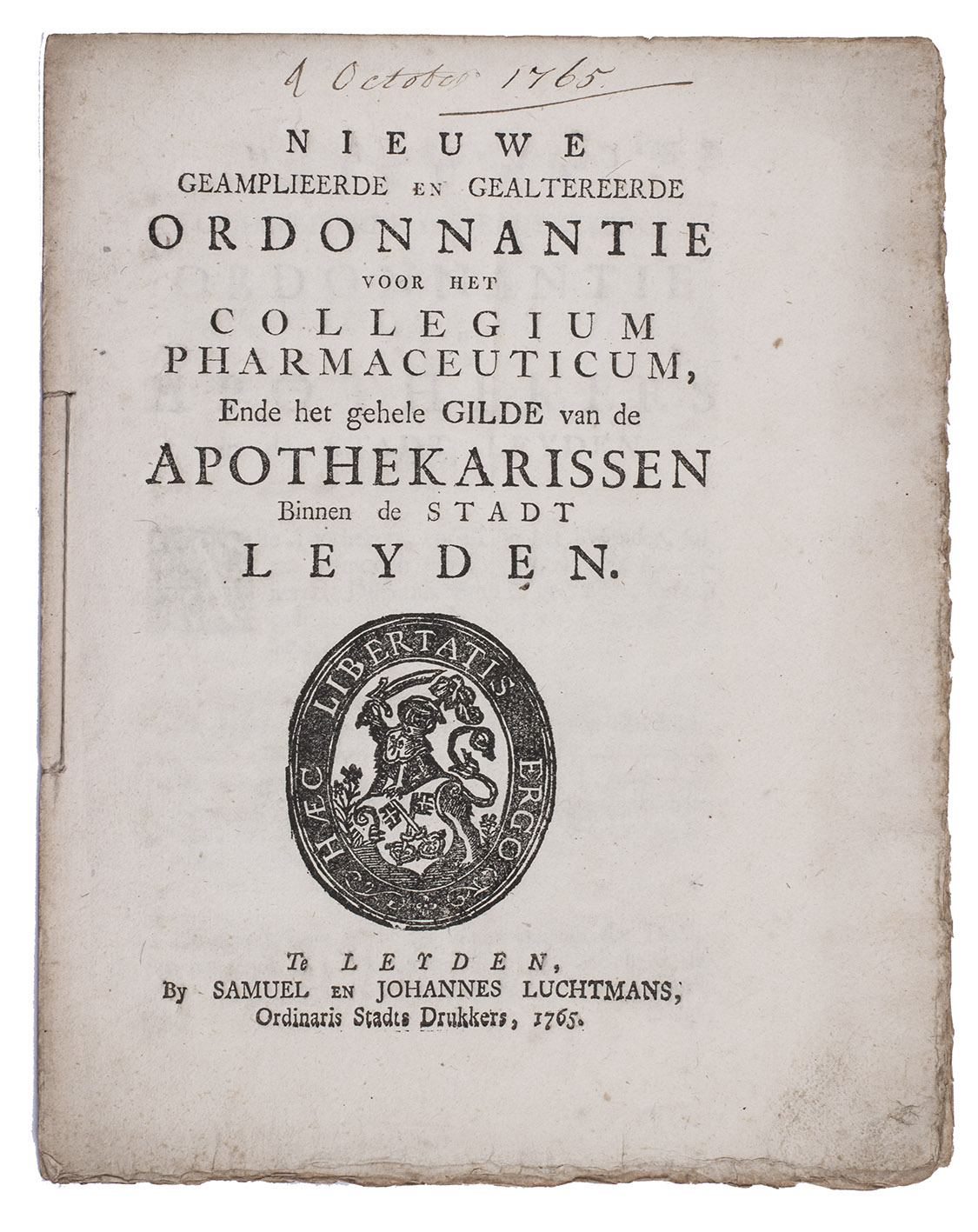 [ORDINANCE - PHARMACY]. - Nieuwe geamplieerde en gealtereerde ordonnantie voor het Collegium pharmaceuticum, ende het gehele gilde van de apothekarissen binnen de stadt Leyden.Leiden, Samuel and Johannes Luchtmans, 1765. 4to. With a woodcut device on the title-page. Bound as sewn.