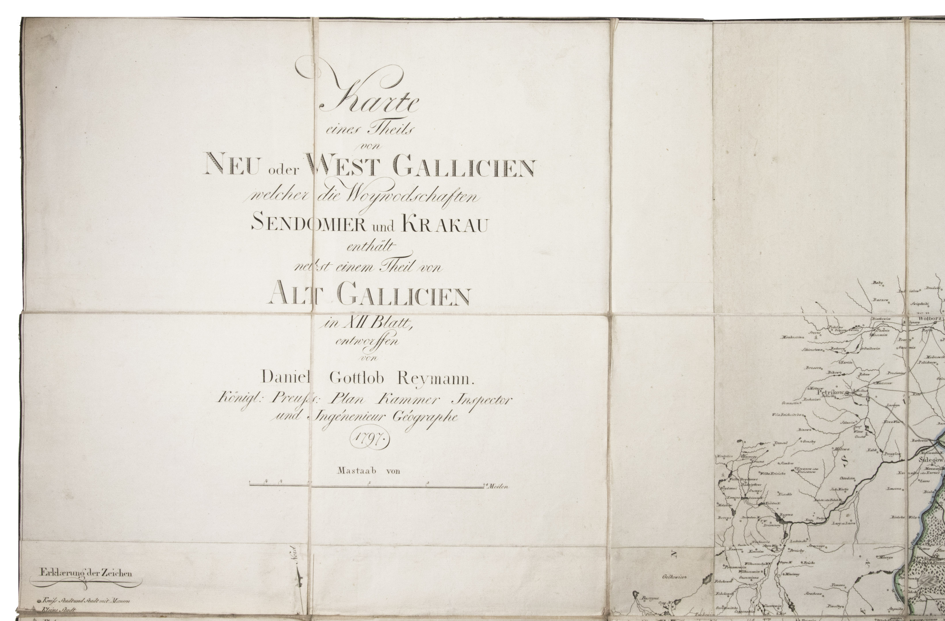 REYMANN, Daniel Gottlob. - Karte eines Theils von Neu oder West Gallicien welcher die Woywodschaften Sendomier und Krakau enthlt nebst einem Theil von Alt Gallicien in XII Blatt, entworffen von Daniel Gottlob Reymann Knigl: Preuss: Plan Kammer Inspector und Ingnieu Gographe.[Berlin, S. Schropp & Comp.,] 1797. Engraved map in 12 sheets, cut into 49 (7 x 7) sections  (each ca. 22 x 21 cm) with a total size of 154 x 154 cm. Scale ca. 1:180,000. Partly hand-coloured in outline. Mounted on linen.