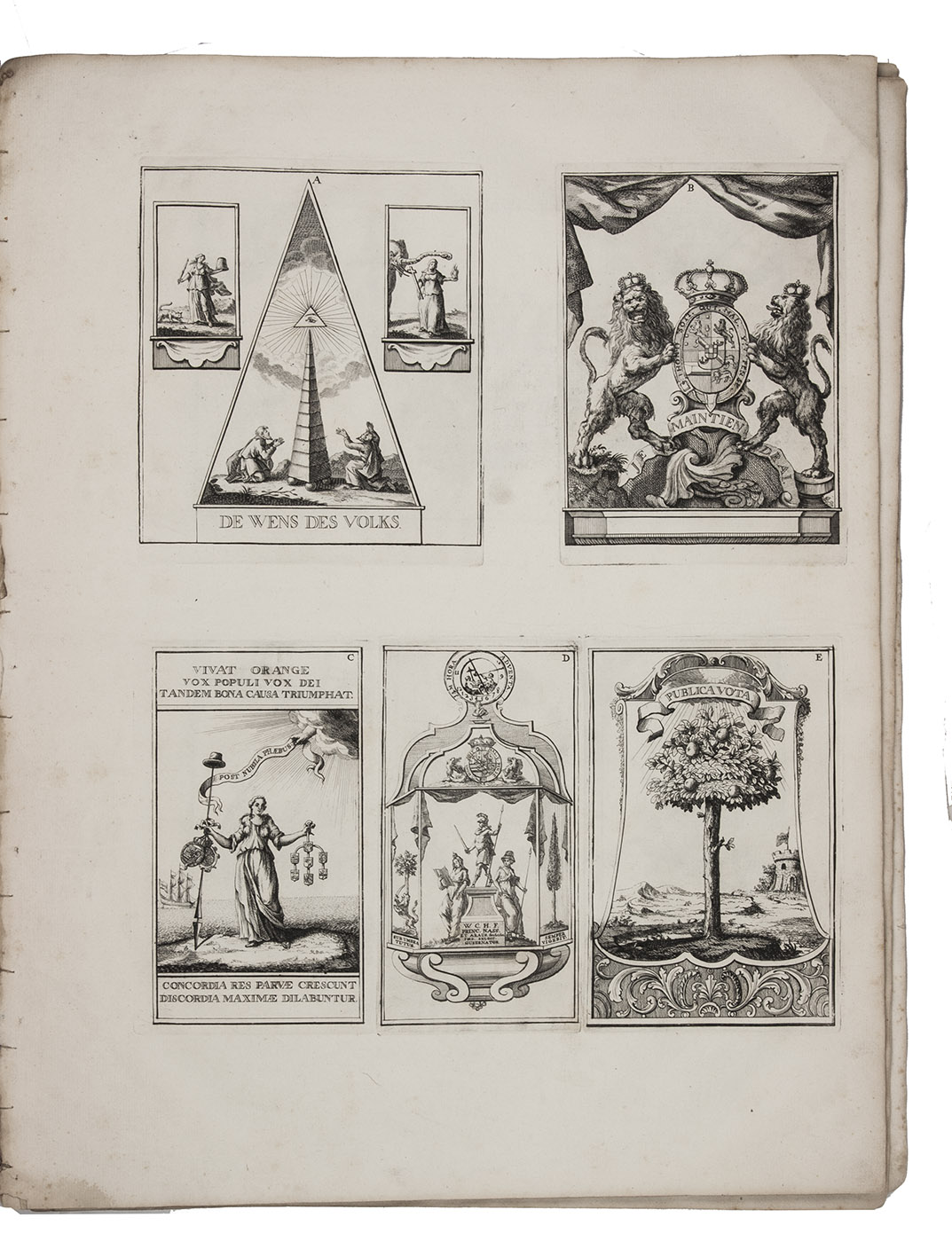 [WILLIAM IV, Prince of Orange]. - Haga Comitis illustrata; of het verheelykt en verligt 's Gravenhage: bestaende in eene naeuwkeurige verzameling van ... afbeeldingen, der aldaer te zien en geillumineerd geweest zynde decoratien en zinnebeelden, benevens de verdere vreugde-bedryven en illuminatien, ter geleegenheid der allerheughelykste verkiezinge, proclamatie en installatie van ... Willem Carel Hendrik Friso.The Hague, Anthoni de Groot and sons, 1751. With title-page printed in red and black with woodcut arms of William IV, first page of the dedication printed in red and black (including a woodcut initial printed in red) with a large engraved armorial headpiece, 2 engravings in text, each showing the front and back of a medallion, and 116 engraved illustrations on 16 leaves.With: (2) Nette afbeelding en ampele beschryving der eere-poorten, opgerecht by de blyde te rug komst van . Willem Karel Hendrik Friso  uyt Zeeland, en deszelfs intreede in 's Gravenhage, op den 6 juny 1747. The Hague, heirs of Anthoni de Groot, 1766. Title-page with the woodcut arms of William IV, and 37 numbered illustrations on 10 engraved plates. 2 works in 1 volume. 1mo (49 x 38 cm). Contemporary boards, spine lined with cloth.
