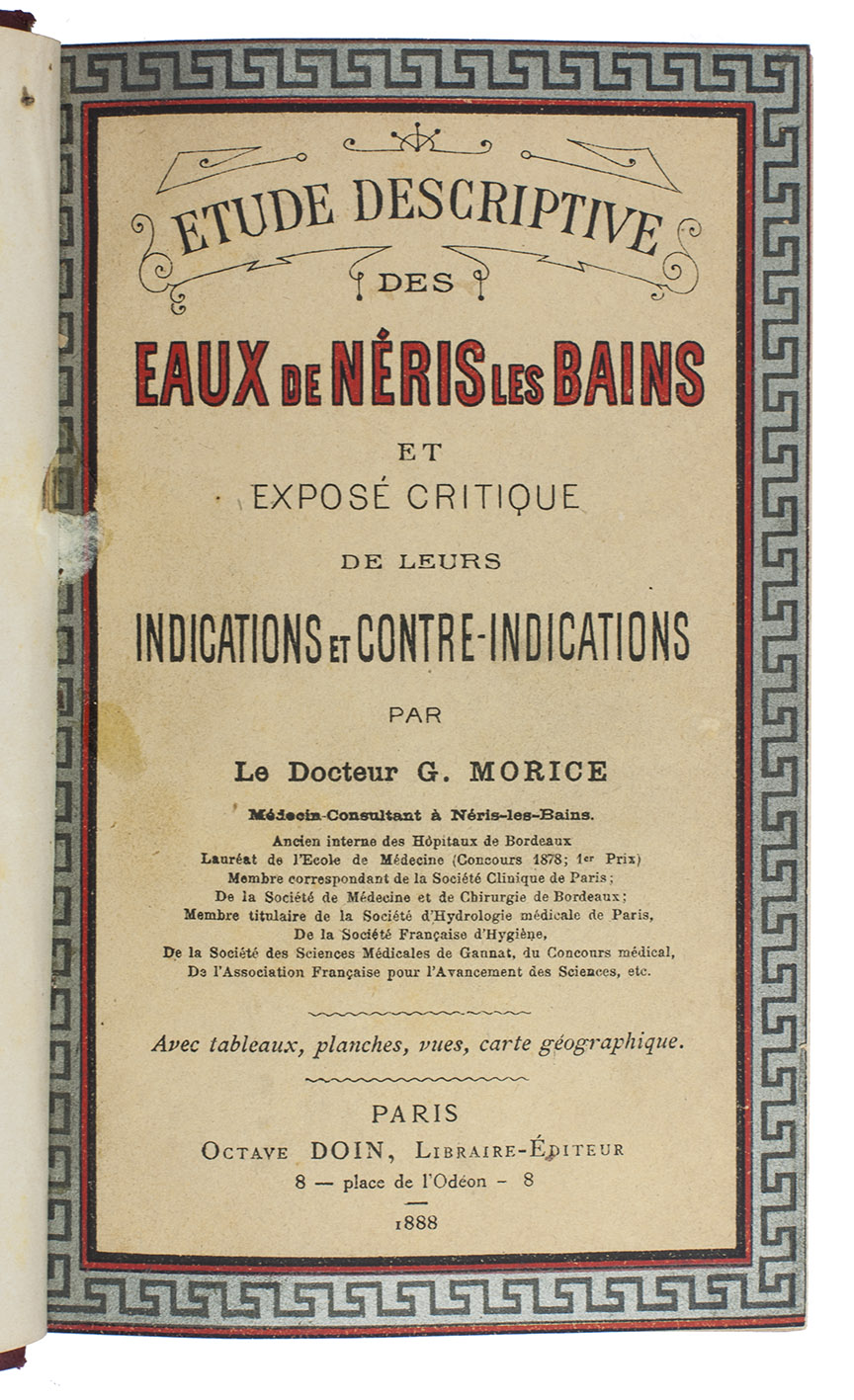 [MINERAL SPRINGS  FRANCE]. - [30 scientific and promotional publications on mineral springs in France].France, 1870-1888. 30 works in 1 volume. 8vo. One work with 5 leaves with wood engraved illustrations and some others with an illustration on the title-page. Contemporary red half sheepskin, with gold fillets and title-label on spine, and the original wrappers of each work bound in.