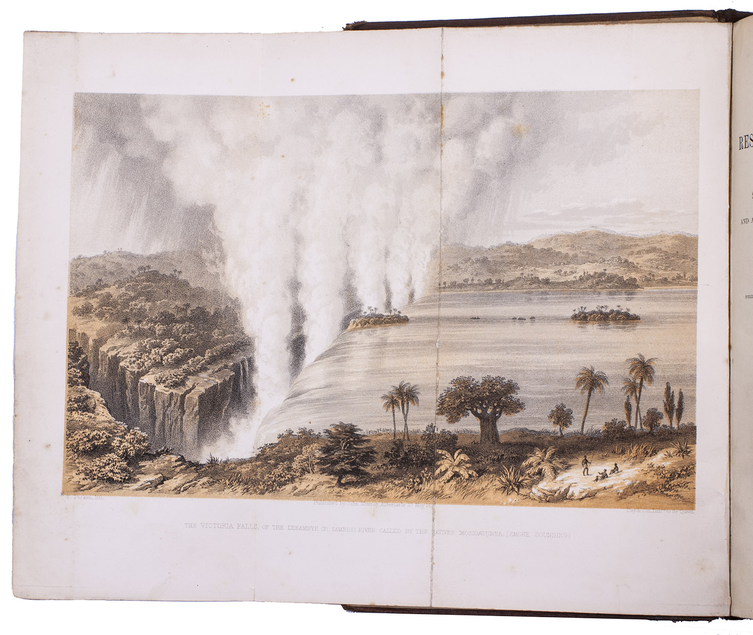 LIVINGSTONE, David. - Missionary travels and researches in South Africa; including a sketch of sixteen years' residence in the interior of Africa, and a journey from the Cape of Good Hope to Loanda on the west coast; thence across the continent, down the river Zambesi, to the eastern ocean.London, John Murray (back of title-page: W. Clowes and sons), 1857. 8vo. With a folding tinted lithographed plate as frontispiece, a wood-engraved illustration on the title-page, a lithographed portrait of Livingstone, 20 lithographed plates, 2 tinted lithographed plates, a folding lithographed plate with a geological cross section, a lithographed folding map of southern Africa, a lithographed folding map pasted on cloth, with Livingstone's route from west to east Africa highlighted in red, and many wood-engraved illustrations in text. Original publisher's blind-blocked brown cloth.