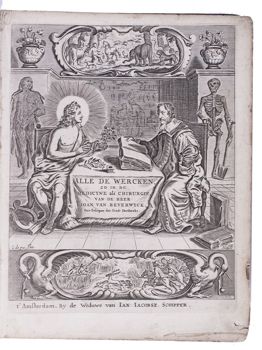 BEVERWIJCK, Johan van and Jacob CATS. - Wercken der genees-konste.Amsterdam, (widow of) Jan Jacobsz. Schipper, 1672. 3 volumes bound as 1. 4to. With engraved frontispiece, 28 engravings in volume one, 29 engravings in volume two (including one on the title-page) and 20 engravings (including one on the title-page) plus 1 woodcut in volume three. Contemporary vellum.