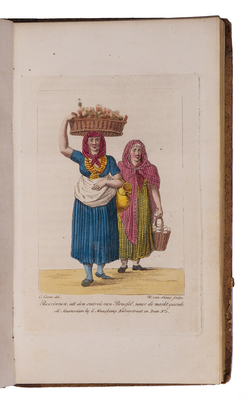 [MAASKAMP, Evert]. - Reis door Belgi in het jaar 1814.Amsterdam, Evert Maaskamp; Brussels, P.J. de Mat, 1815. 8vo. With a lithographed title-page, 3 folding engraved plates (1 hand coloured in outline), 3 aquatint plates printed in sepia, 2 engraved plates printed in sepia (1 double-page) and 2 hand-coloured engraved plates. Contemporary half tanned sheepskin.