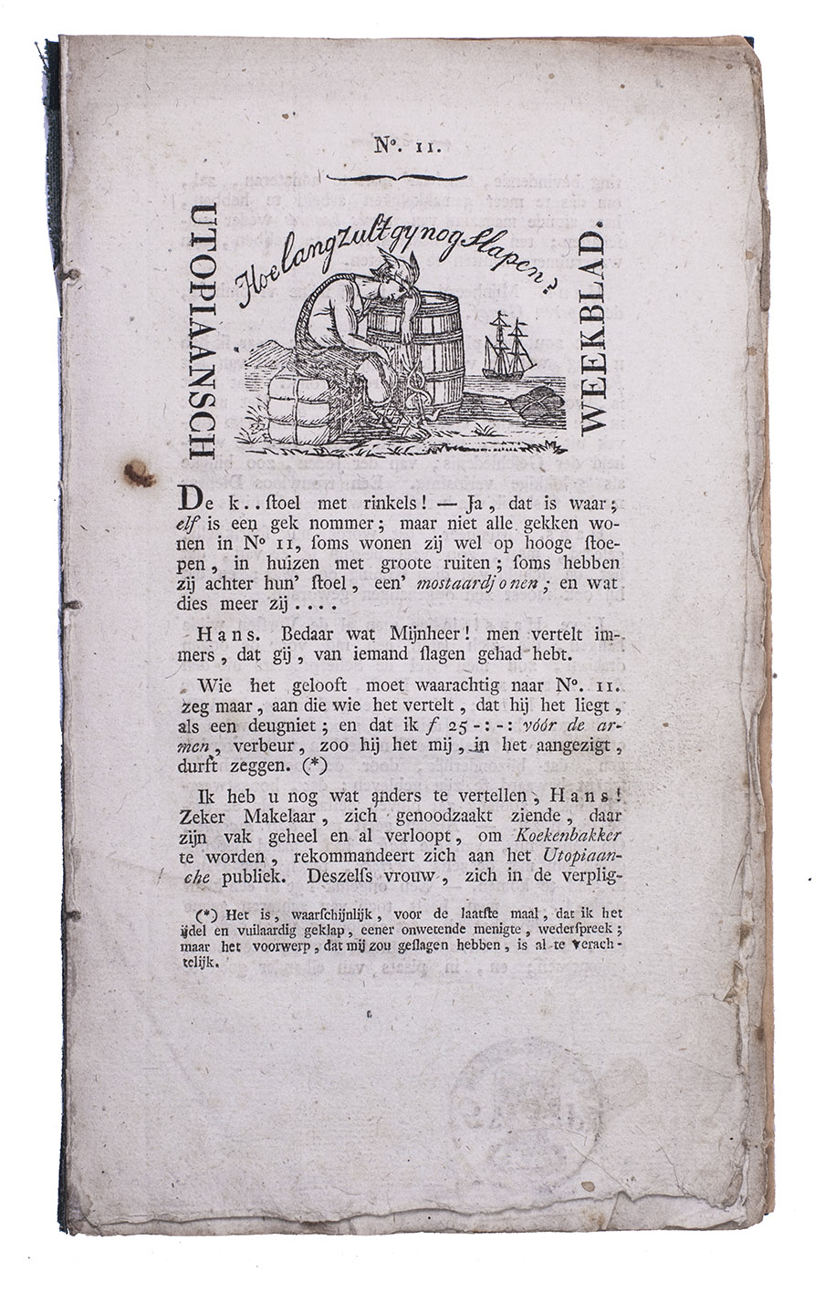 [WIBMER, Jean Baptiste Didier]. - Utopiaansch weekblad nos. 3-9 & 11-13.Amsterdam, A. Vink, [1820-1821]. 10 (of 14) parts, lacking parts 1, 2, 10 & 14, supplied in photocopy. 8vo. With a woodcut illustration as headpiece on the opening page of 9 of the 10 parts. Later green cloth.With: (2) [WIBMER, Jean-Baptiste Didier]. Utopiaansche courant no. 6Amsterdam, H. Moolenijzer, 