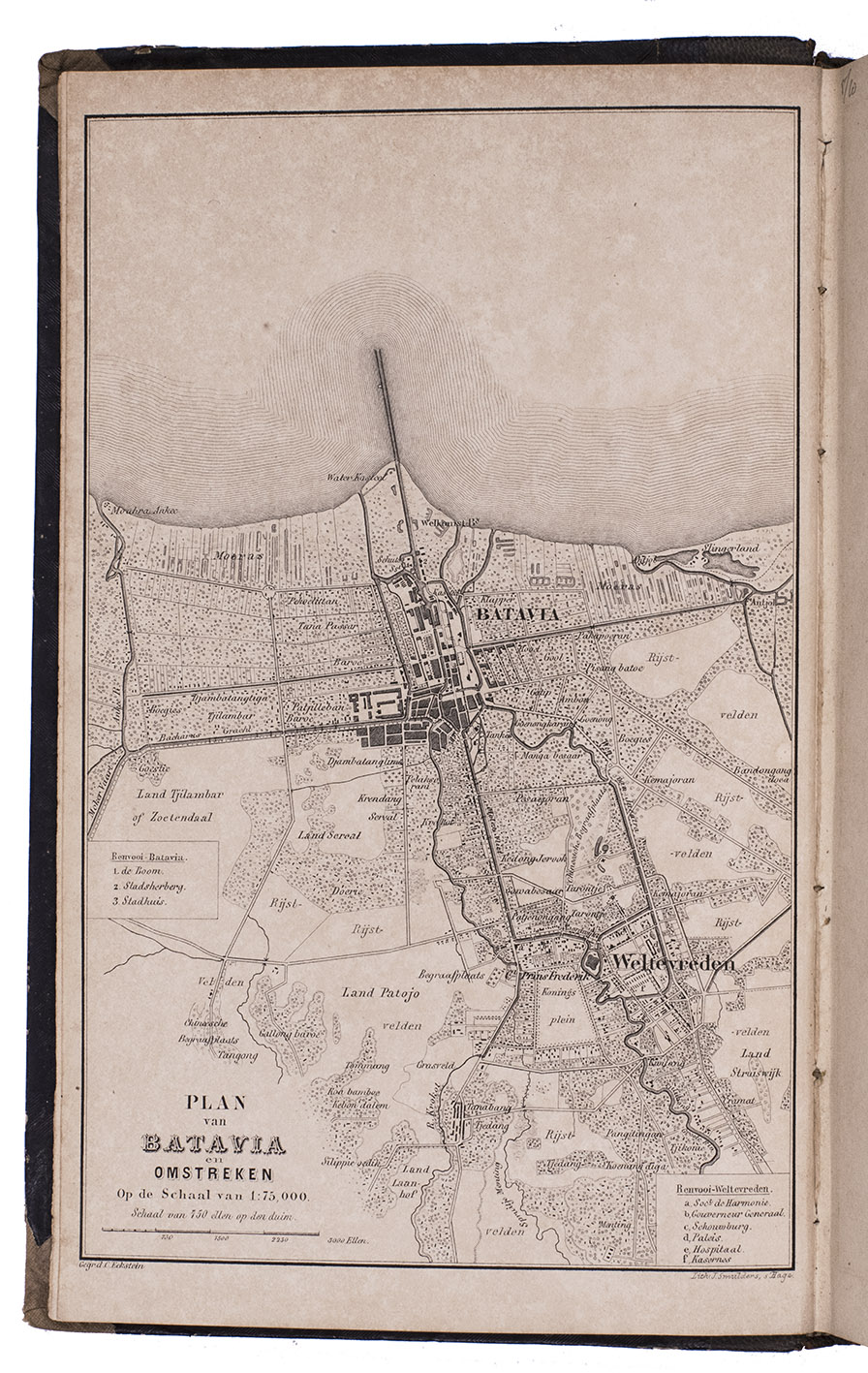 WEITZEL, August Wilhelm Philip. - Batavia in 1858. Of schetsen en beelden uit de hoofdstad van Nerlandsch Indi.Gorinchem, J. Noorduijn & son, 1860. 8vo. With a lithographed map as frontispiece and a lithographed title-page with a small harbour view. Contemporary half sheepskin.