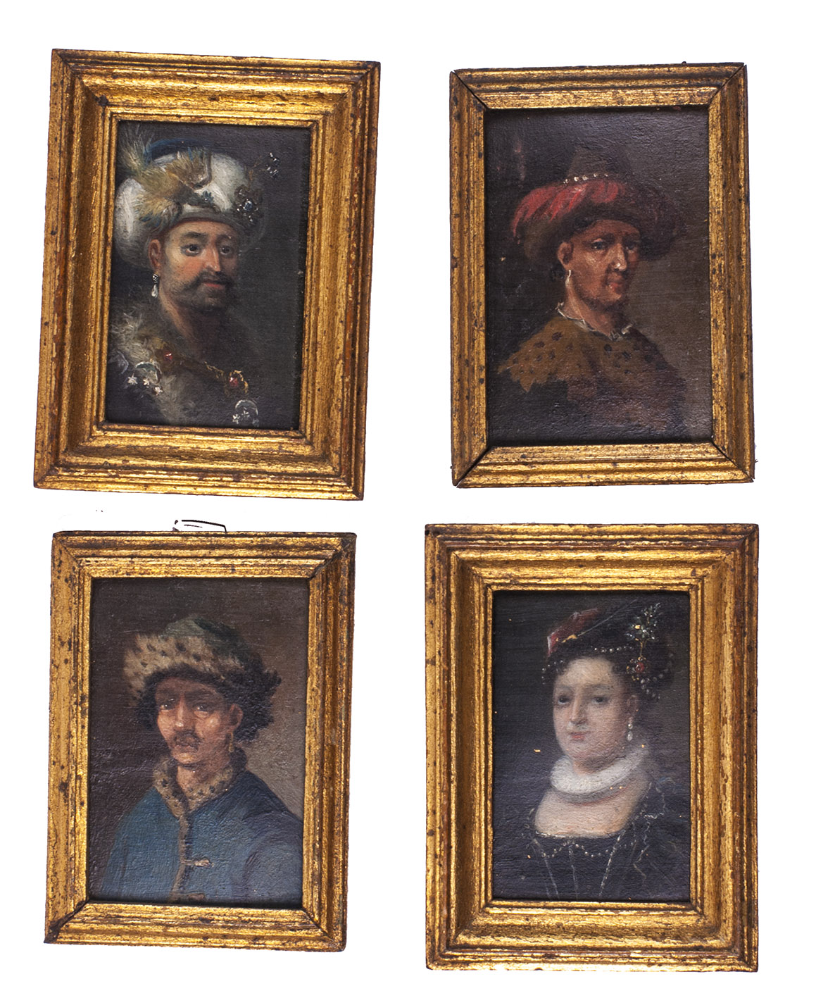[PAINTINGS - DENMARK]. - Four miniatures of people wearing pearl earrings.[Denmark?, first half 18th century?]. Collection of four paintings, oil on paper or paperboard, two measuring 8 x 5.5 cm (frame 10.5 x 7.5 cm) and two measuring 8.5 x 5.5 cm (frame 10 x 7 cm), all with a gilt wooden frame.
