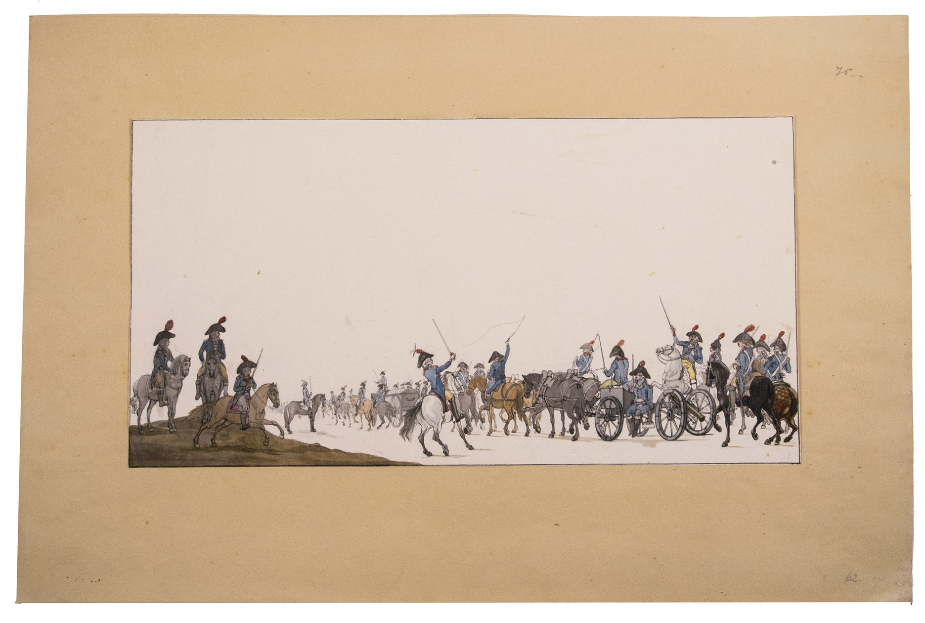 [LANGENDIJK, Jan Anthonie]. - [Watercolour of a train of the Batavian Republics horse artillery].[North Holland?, 1799-1800]. Pencil, ink and watercolour drawing on wove paper (22 x 42.5 cm) mounted on a larger sheet.