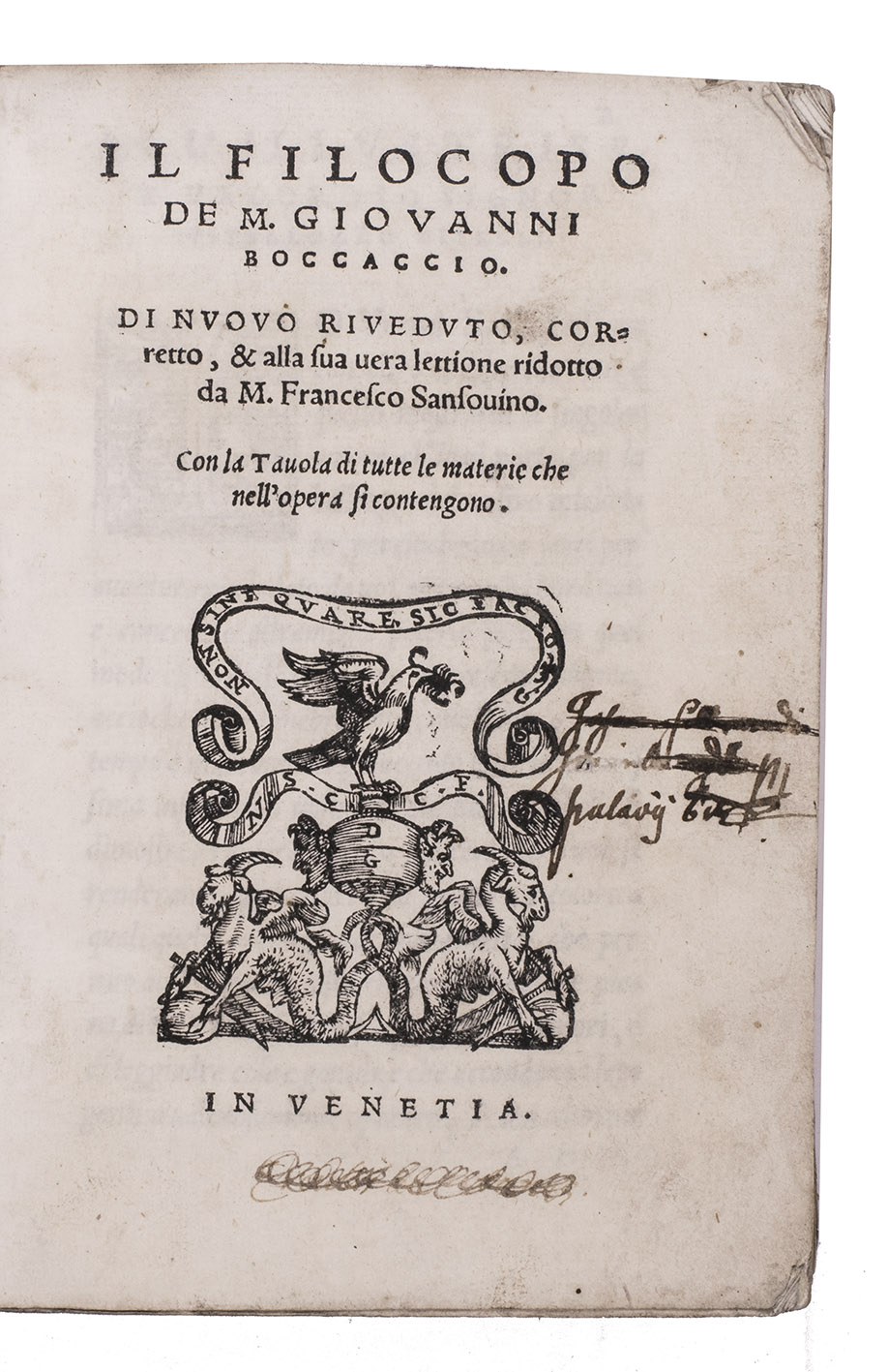 BOCCACCIO, Giovanni. - Il Filocopo  Di nuovo riveduto, corretto, & alla sua vera lettione ridotto da M. Francesco Sansovino. ...Venice, [device of Domenico Giglio] (colophon: Francesco Rampazetto, 1554). Small 8vo (15 x 11 cm). With Giglio's woodcut device on the title-page, 6 woodcut decorated initials (3 series) plus 2 repeats. Set in Aldine-style italic types (with upright capitals) with incidental roman. Contemporary limp vellum.