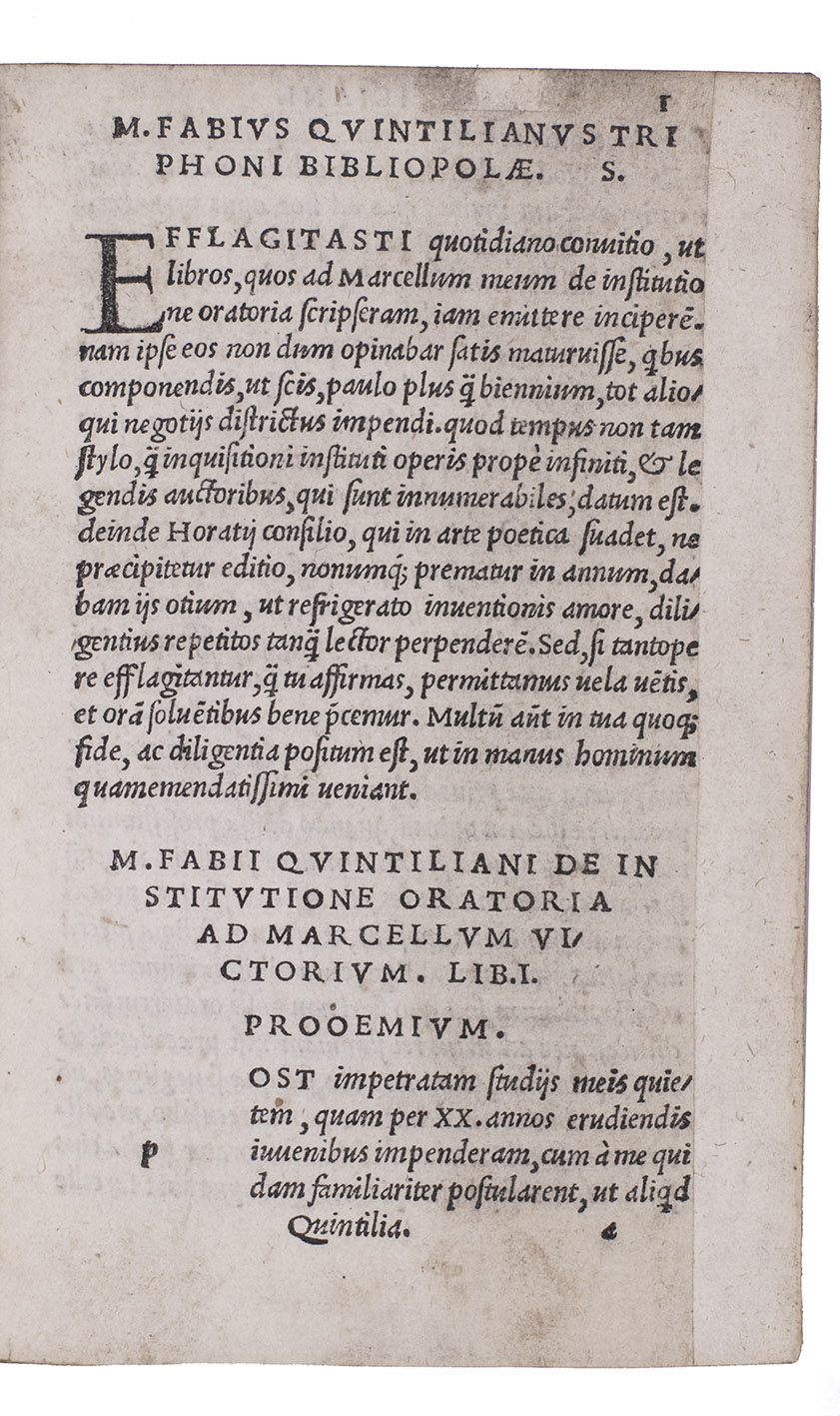 QUINTILIANUS, Marcus Fabius. - [De institutione oratoria]. (Colophon: Florence, Filippo I Giunta, October 1515). Small 8vo (14.5 x 10 cm). With a title-page containing only the author's name, but with the title in the heading to liber I, and Giunti's woodcut device on the verso of the otherwise blank final leaf. Set entirely in an Aldine-style italic (with upright capitals). Vellum (ca. 1850?).