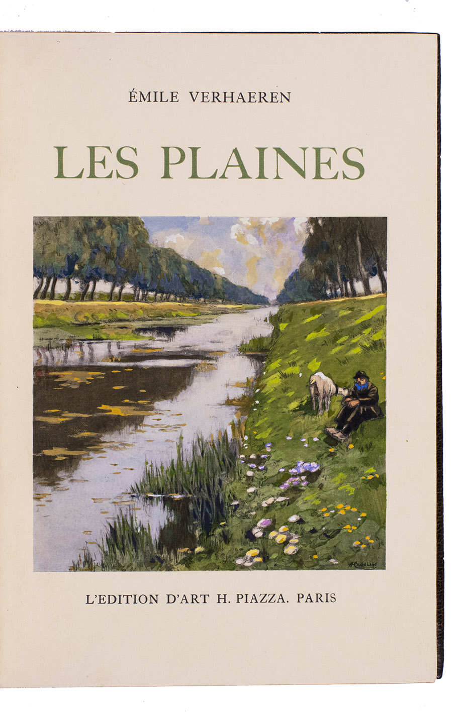 VERHAEREN, Émile. - Les plaines. Paris, Henri Piazza (colophon: printed by G. Kadar, Paris, 15 February 1934). 4to (23 x 16 cm). With an original watercolour drawing (10 x 10 cm), 35 colour collotype facsimiles of watercolour drawings (1 as frontispiece, the others in the text), some finished by hand, and 70 plates repeating the 35 illustrations: once in black and white and once in colour, all by Henri Cassiers. Contemporary (1934) gold-blocked brown morocco by George Canape and Georges Corriez in Paris, each board with an unidentified (prince's or duke's?) coat of arms in the centre in a frame of rose branches (the roses in red), spine with author and title in gold and rose branches in red and gold, gold fillets on board edges, turn-ins in gold with red roses, decorated cloth doublures and free endleaves (yellow background with multi-coloured flowers all woven), gilt edges.