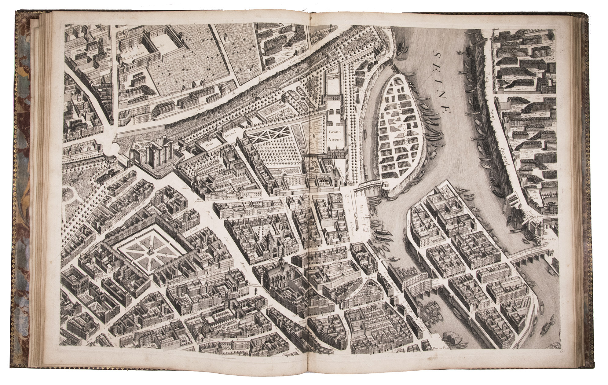 BRETEZ, Louis. - Plan de Paris commenc l'anne 1734. Dessin et grav, sous les ordres de Messire Michel Etienne Turgot, Marquis de Sousmons ... Achev de graver en 1739.[Paris, 1739]. Grand-Aigle folio (56 x 45.5 cm). An enormous engraved map of Paris in 20 numbered sheets plus a key map, at a scale of about 1:2000, each segment measuring 55 x 84 cm (plate size 51.5 x 80.5 cm; image 48 x 79 cm) which would give an assembled map with image size about 240 x 316 cm! The key map is slightly larger than the segments and folds out at the head. Bound as an atlas (but with segments 18 and 19, containing the cartouche, assembled to make a long fold-out) in contemporary gold-tooled red morocco, each board with as centrepiece the Paris coat of arms (a ship with chief a field of fleurs-de-lis).