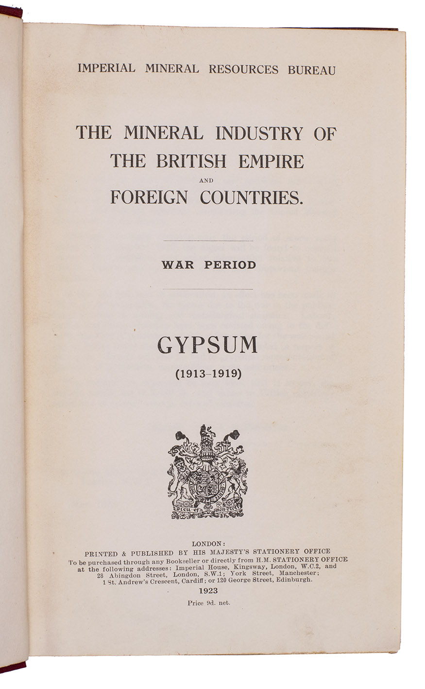 [OIL]. IMPERIAL MINERAL RESOURCES BUREAU. - The mineral industry of the British Empire and foreign countries. War period. Gypsum (1913-1919).With:(2) Strontium minerals (1913-1919).(3) Molybdenum (1913-1919).(4) Silver (1913-1919).(5) Graphite (1913-1919).(6) Petroleum and allied products. (1913-1919).London, His Majesty's stationery office, 1923. 6 works in 1 volume. Contemporary red cloth, paper title-label on spine.