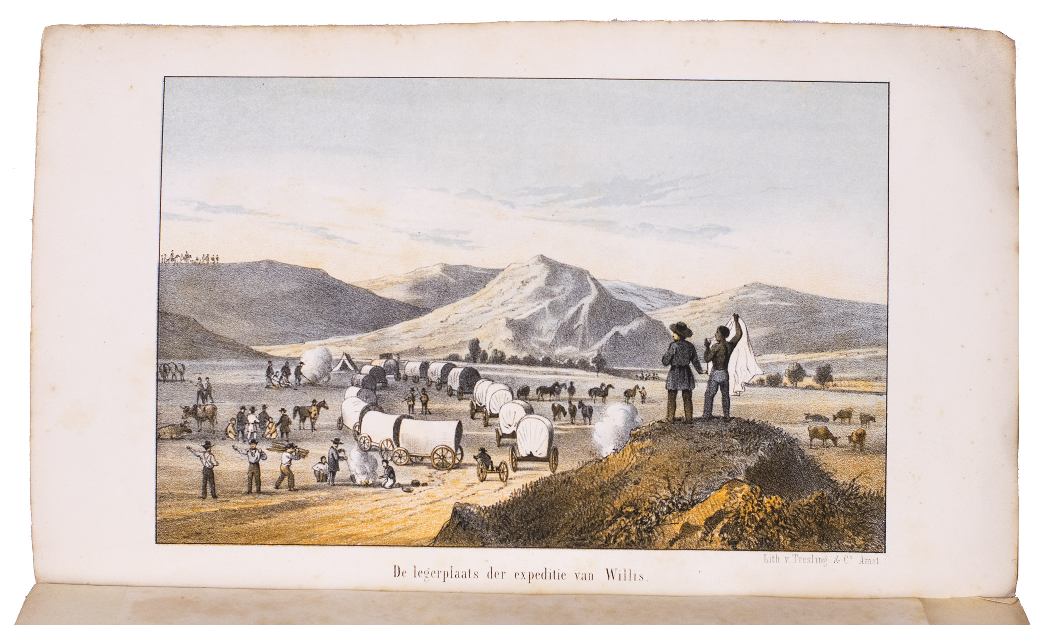 ZIMMERMAN, W.F.A. (pseudonym of Carl Gottfried Wilhelm VOLLMER). - Californie en de goudkoorts. Togten in het westen van Noord-Amerika. Het leven en de zeden der goudgravers, Mormonen en Indianen.Amsterdam, P.M. van der Made, 1864. 2 volumes. 8vo. With a tinted lithographed frontispiece to each volume. Publisher's original printed stiff paper wrappers.