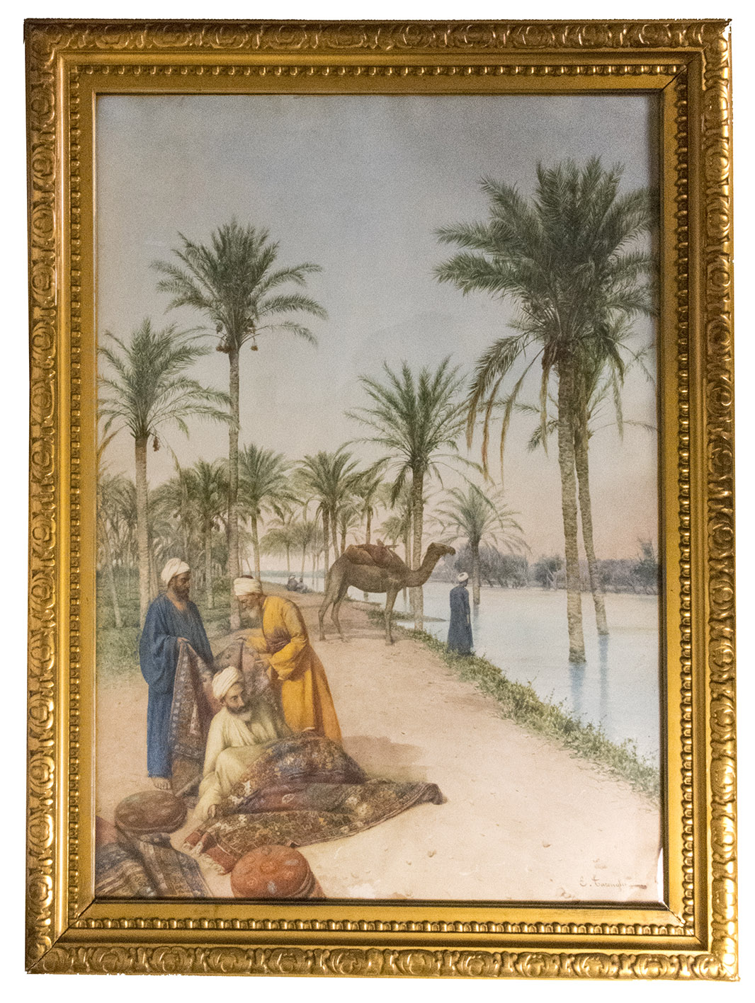 TARENGHI, Enrico. - [Carpet sellers and a dromedary beside the Nile].[Rome?, late 19th century?]. Watercolour on a large sheet of paper (image size: 74.5 x 52 cm), signed at the foot right: 