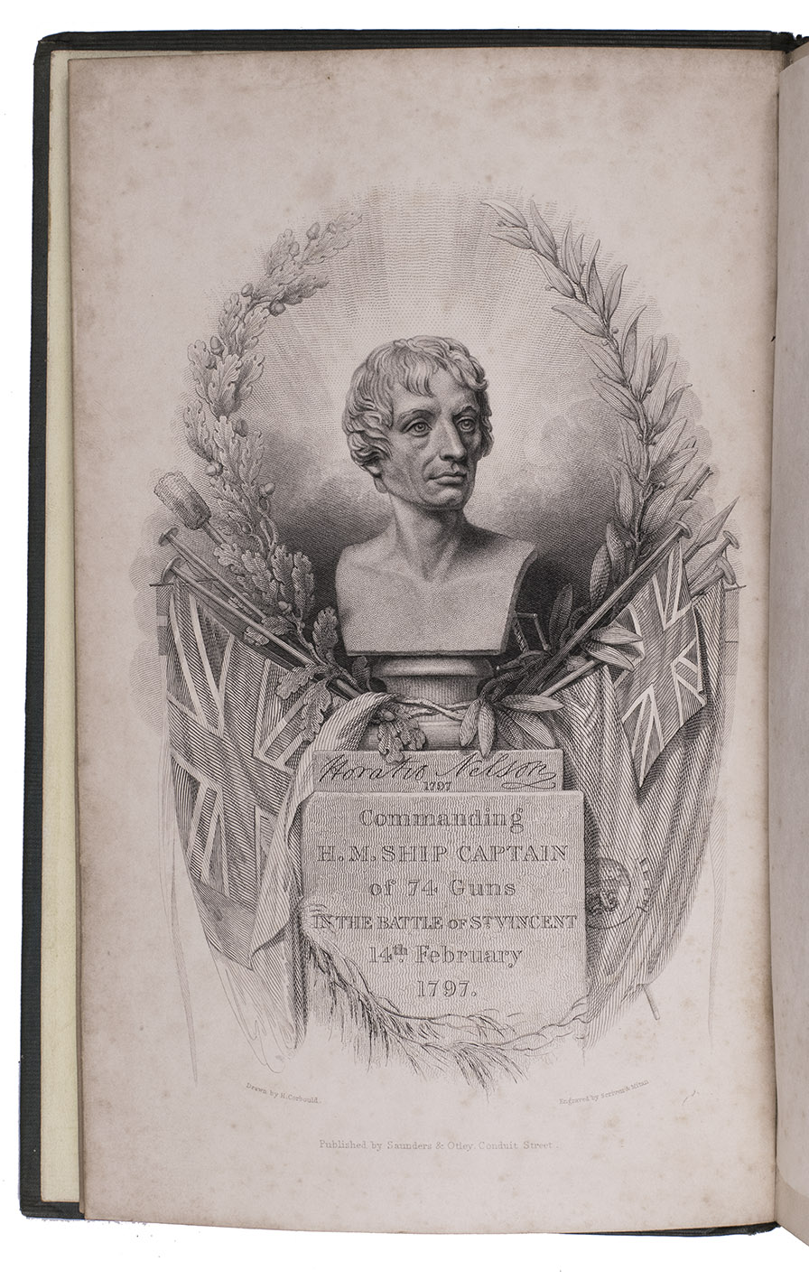 DRINKWATER BETHUNE, John. - A narrative of the Battle of St. Vincent; with anecdotes of Nelson, before and after that battle.London, Saunders & Otley (back of title-page: printed by William Wilcockson), 1840. 8vo. With an engraved frontispiece with a portrait of Horatio Nelson, 3 wood-engraved vignettes and 8 lithographed full-page sea-battle plans. Publisher's original blind-blocked cloth, with title in gold on spine and front board, gilt edges.